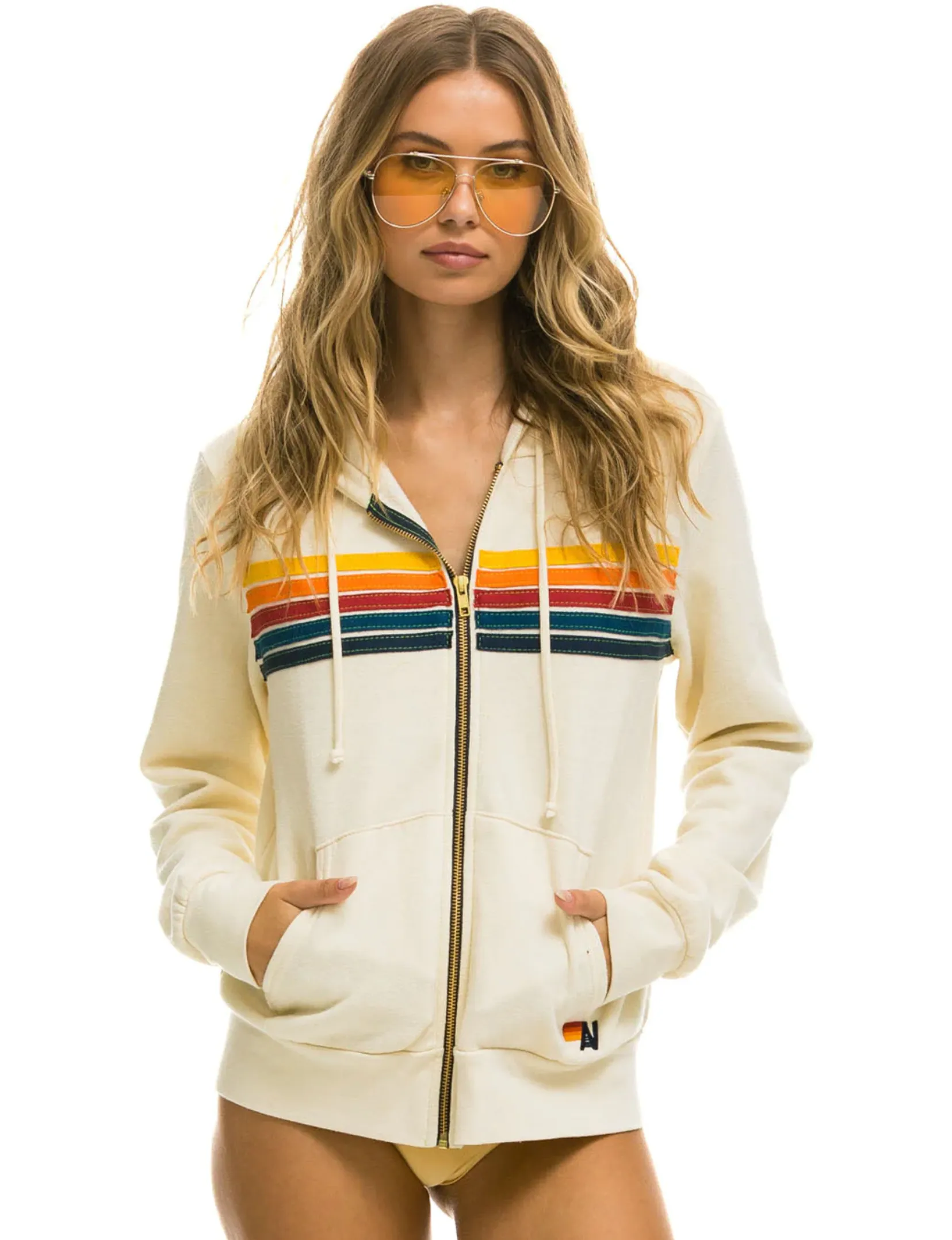 Comfort Layering Fashion Essential 5 Stripe Zip Hoodie, Vintage White/Multi