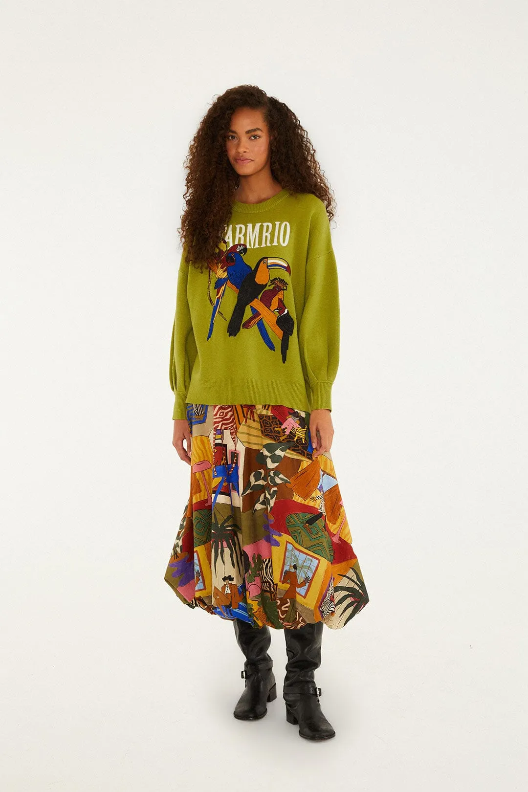 Linen blend Multicolor Tropical Balloon Organic Cotton Midi Skirt