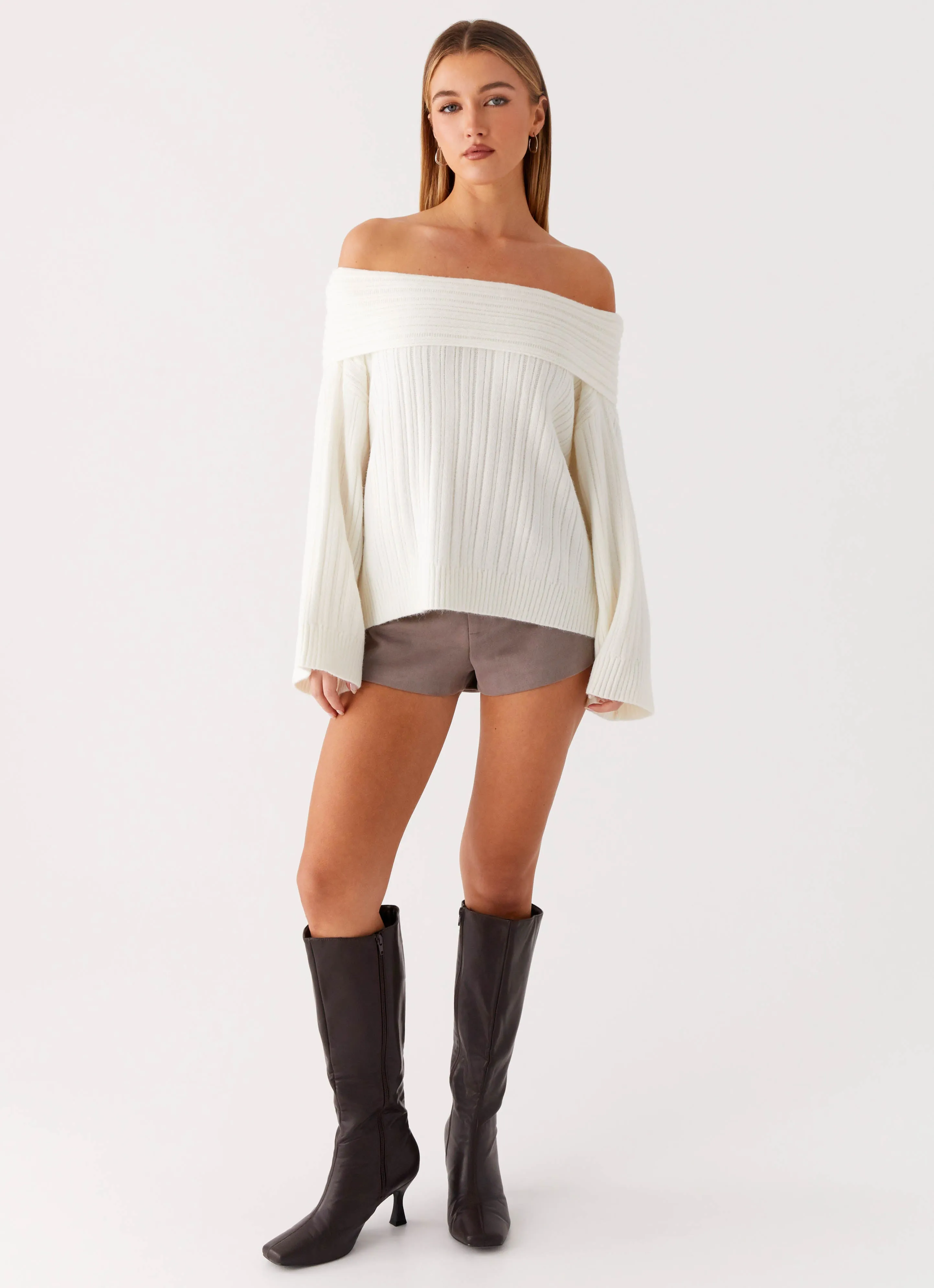 Work Outfit Fall Favorites Federica Off Shoulder Knit - White