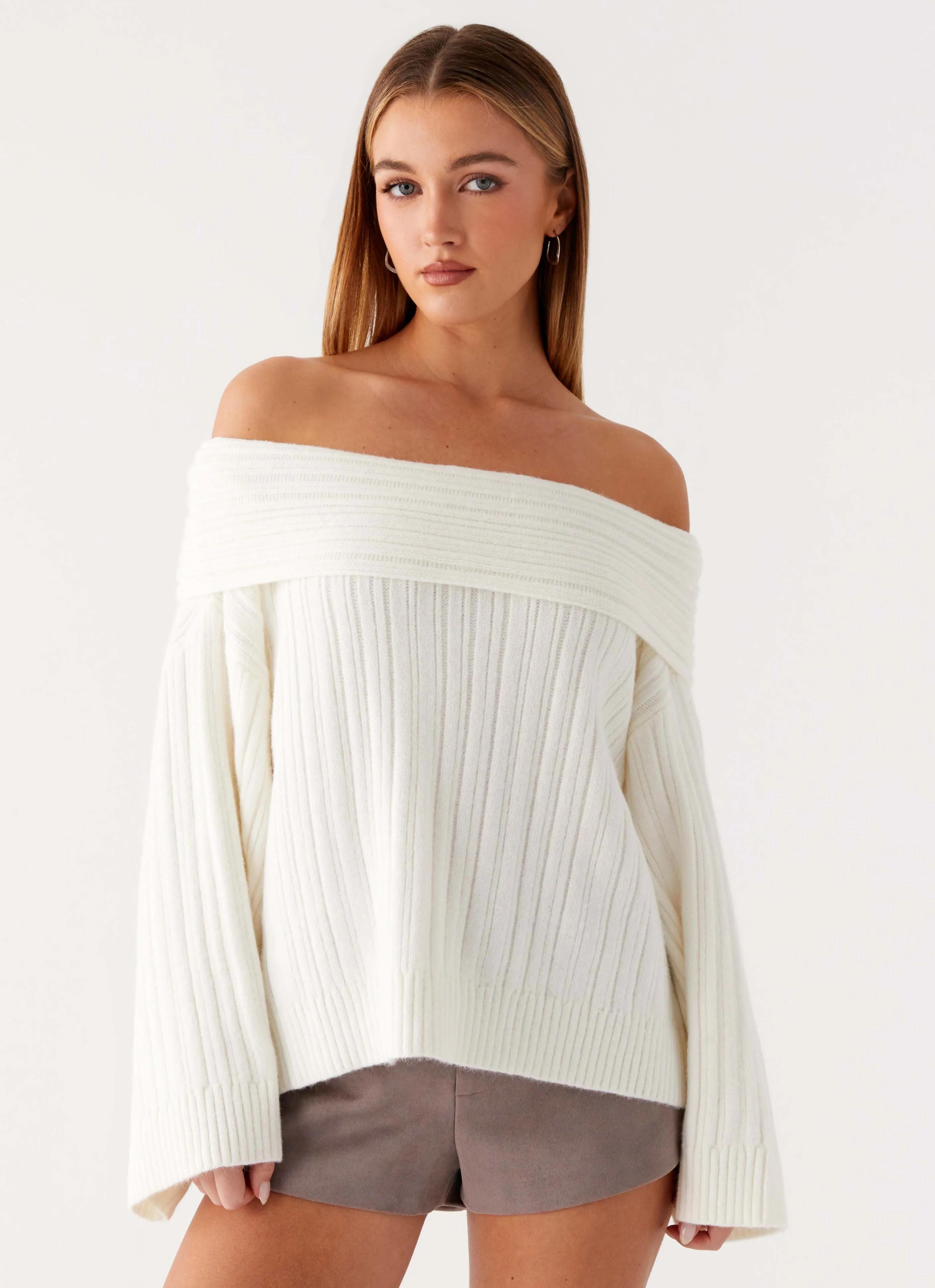 Federica Off Shoulder Knit - White Tubular Knit Method