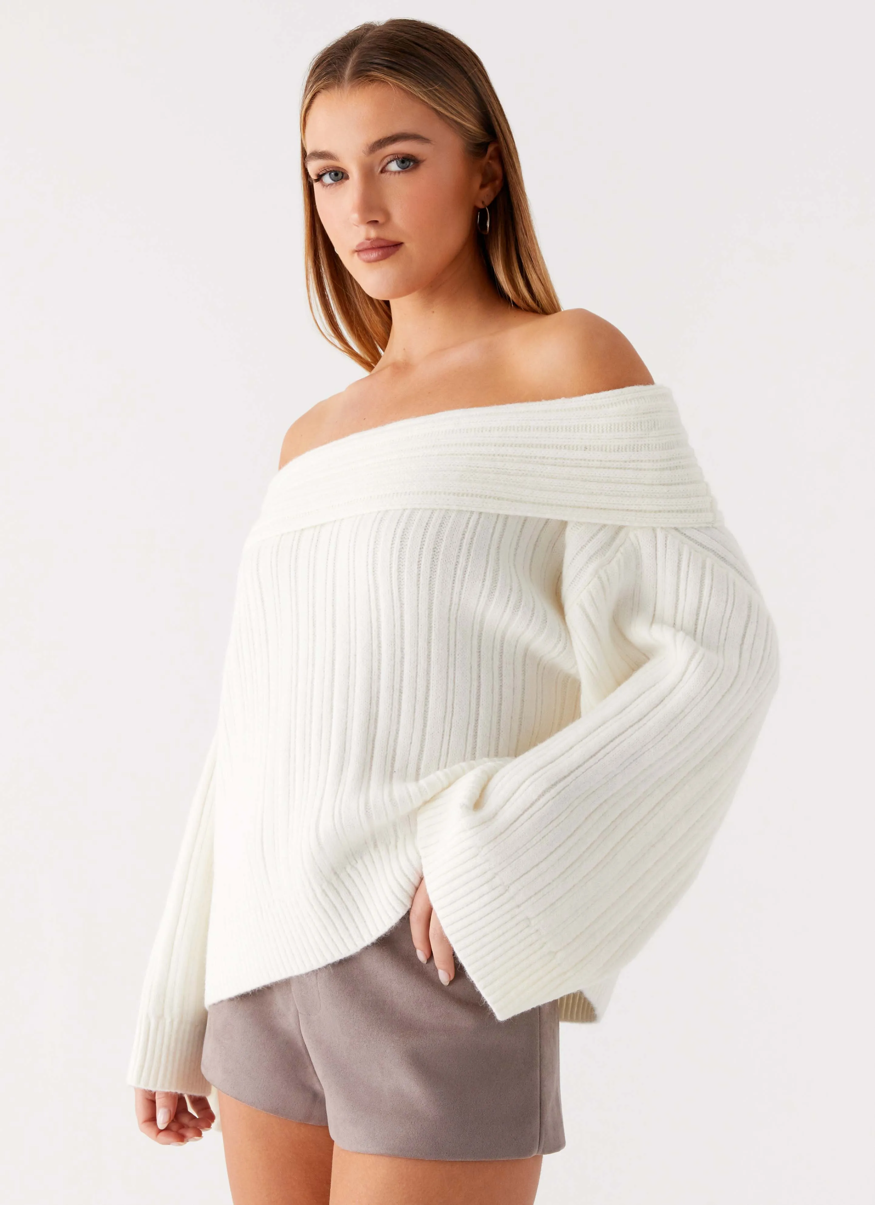Federica Off Shoulder Knit - White Winter Days