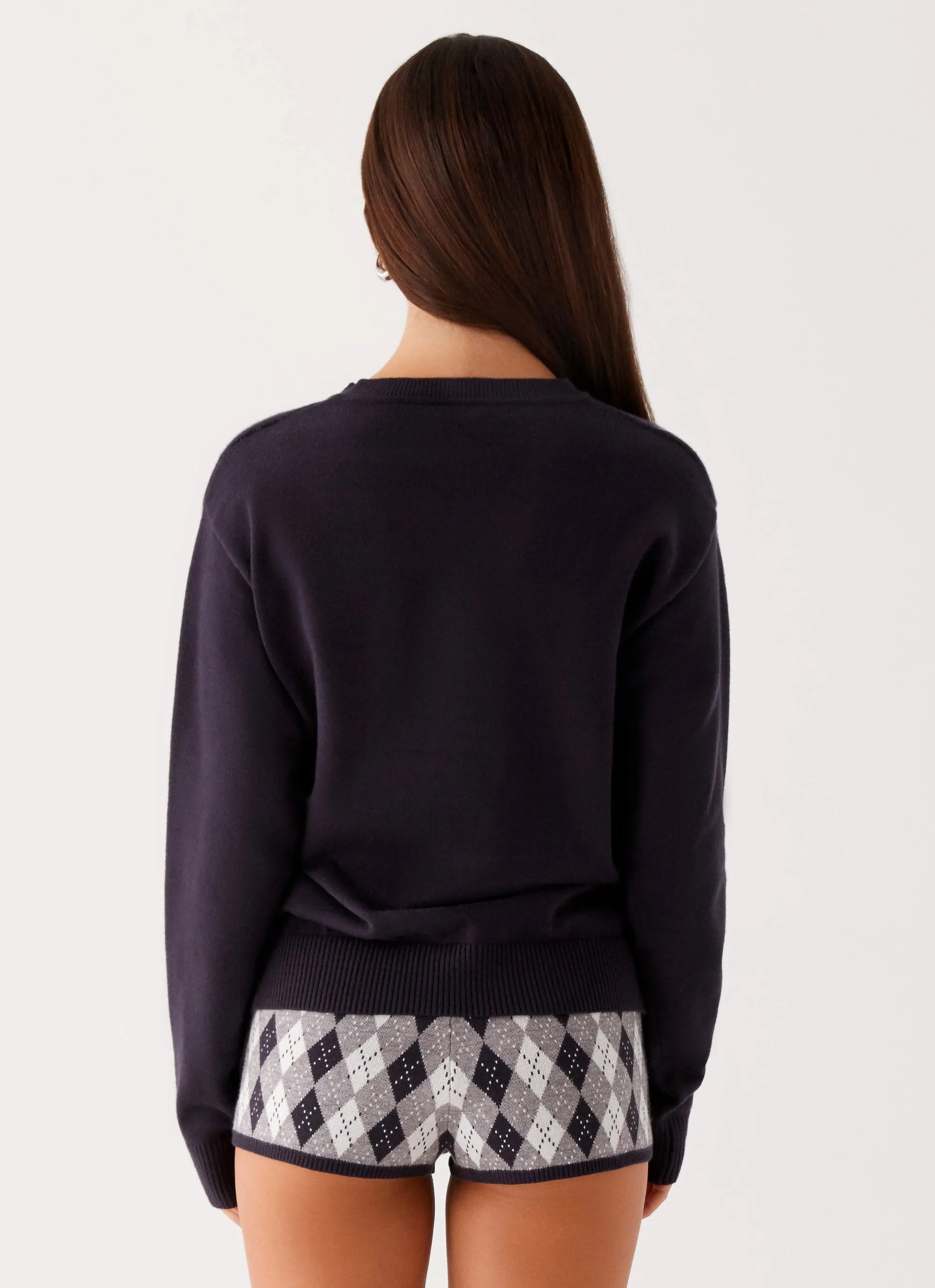 Checkered Style Context Knit Sweater - Navy