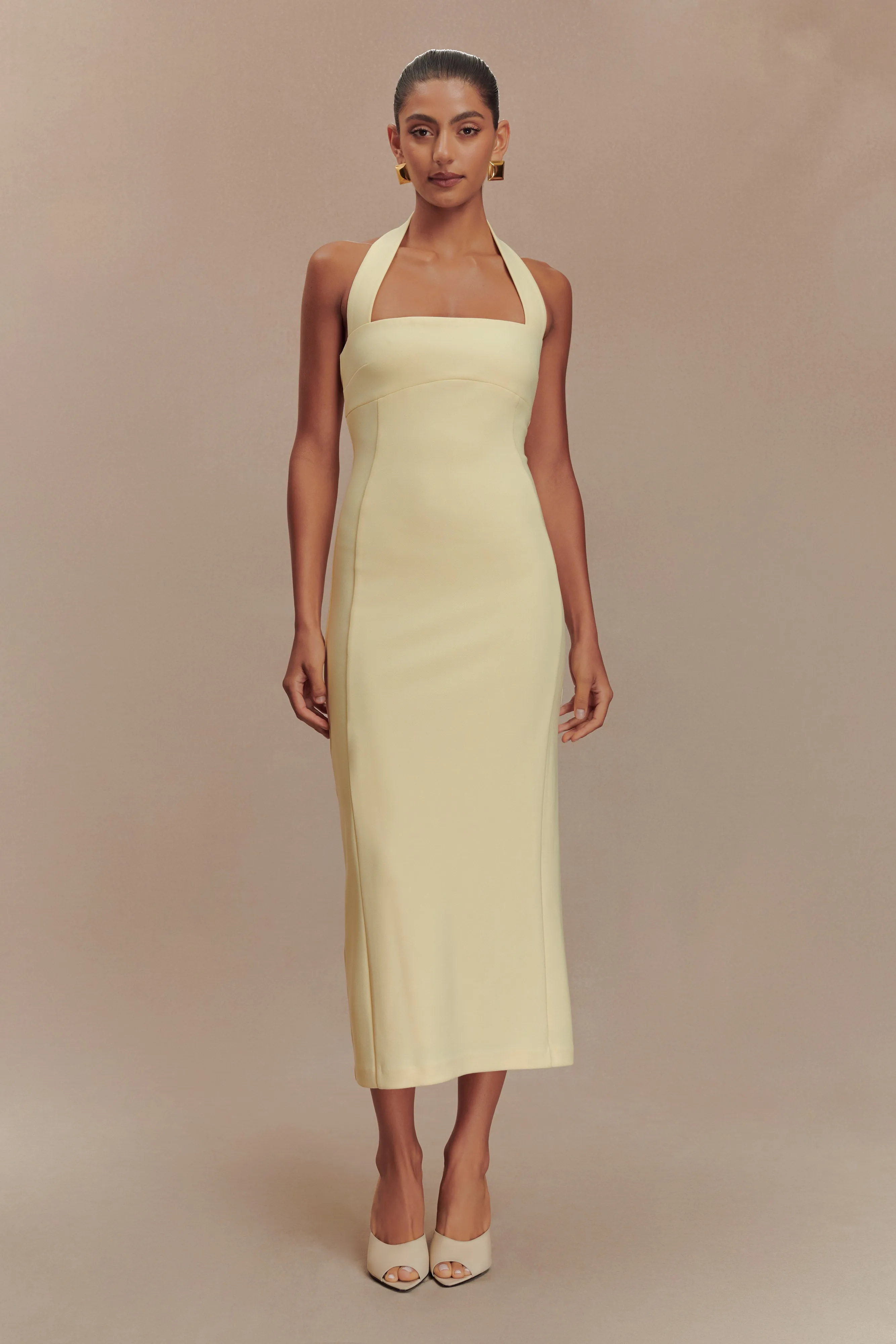 Amelita Suiting Halter Midi Dress - Pale Lemon Wide Swing