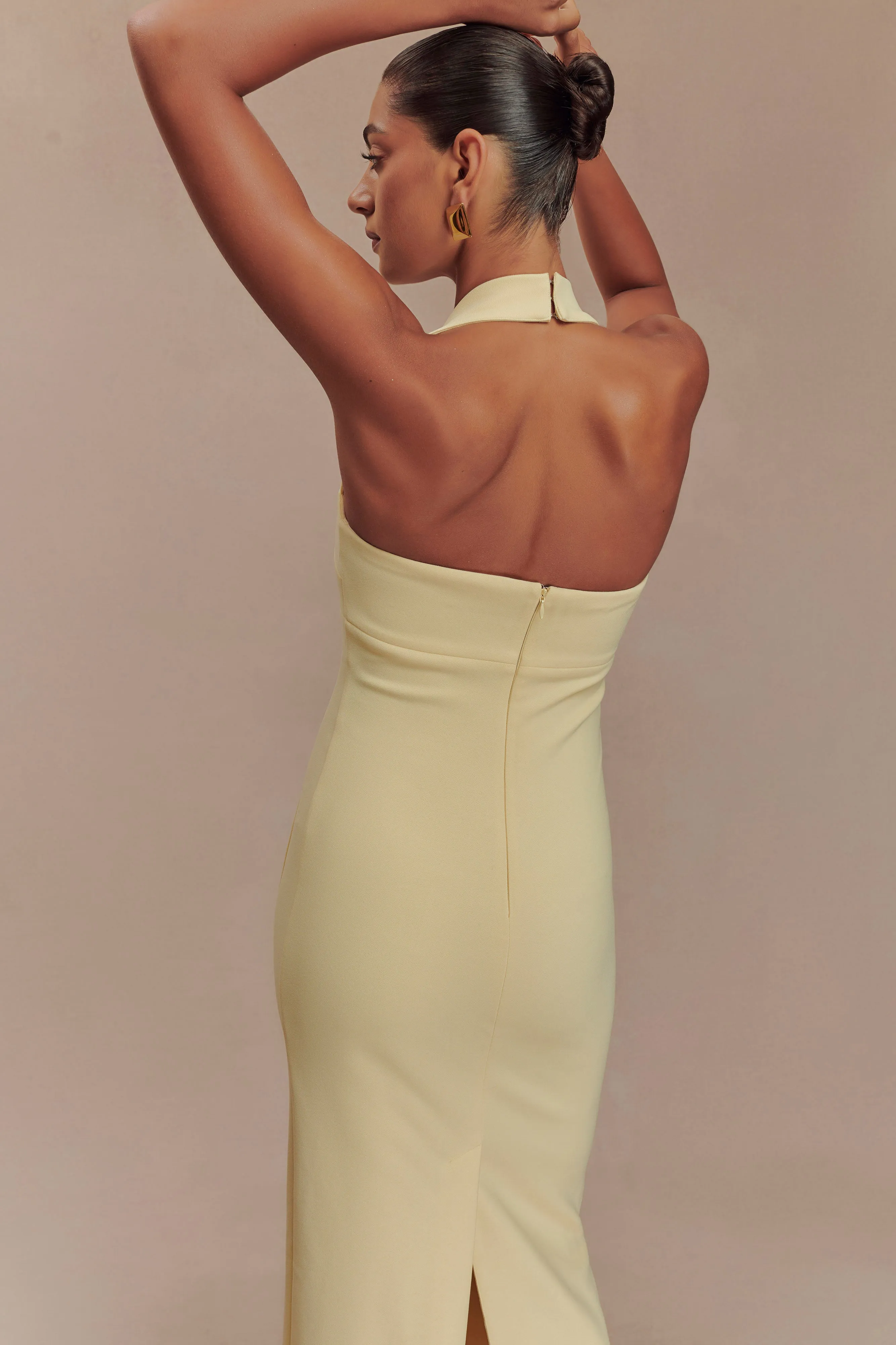 Amelita Suiting Halter Midi Dress - Pale Lemon Timeless Look Cool Texture