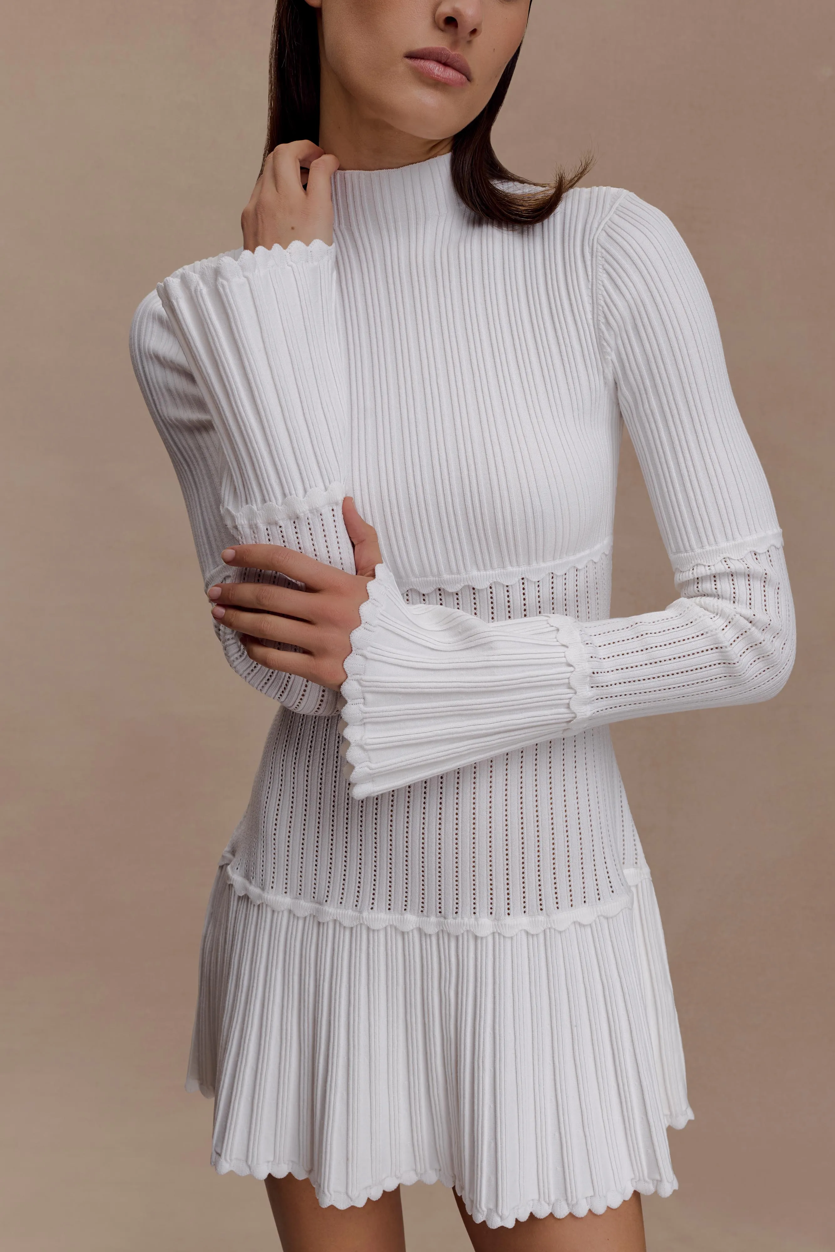 Soft Balance Contrast-Piping Adena Pointelle Knit Mini Dress - Ivory
