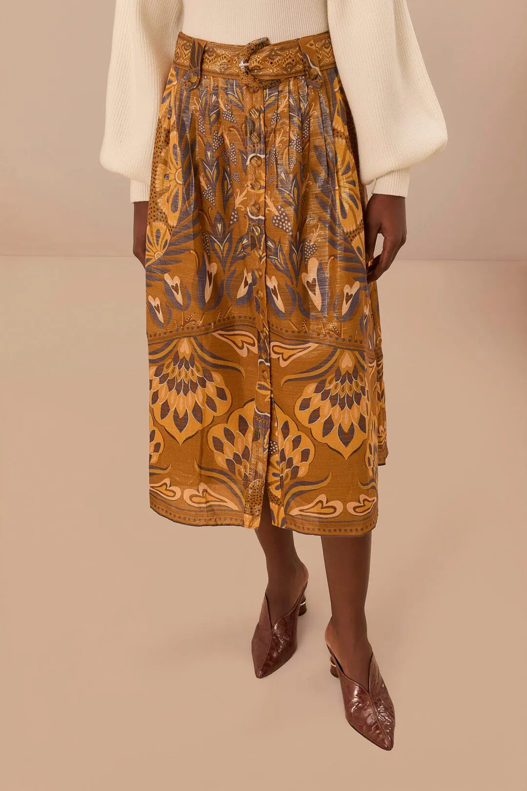 Media Feature Detachable Detail Gold Heart Forest Midi Skirt