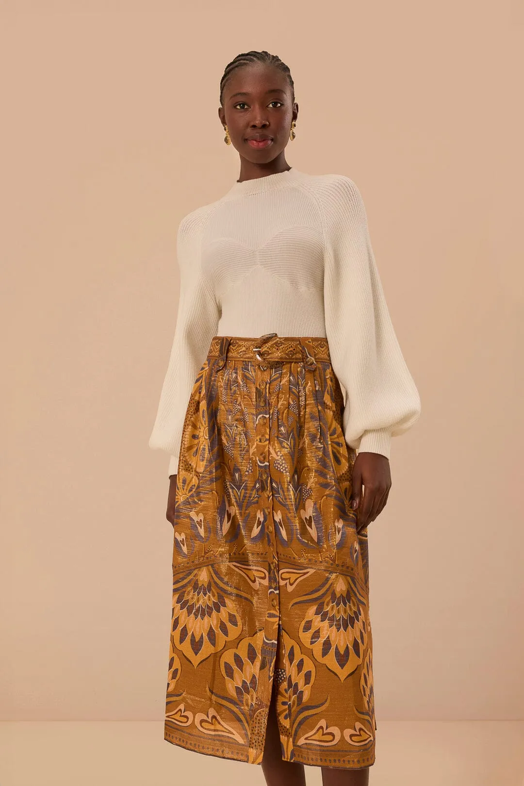 Subtle Look Gold Heart Forest Midi Skirt