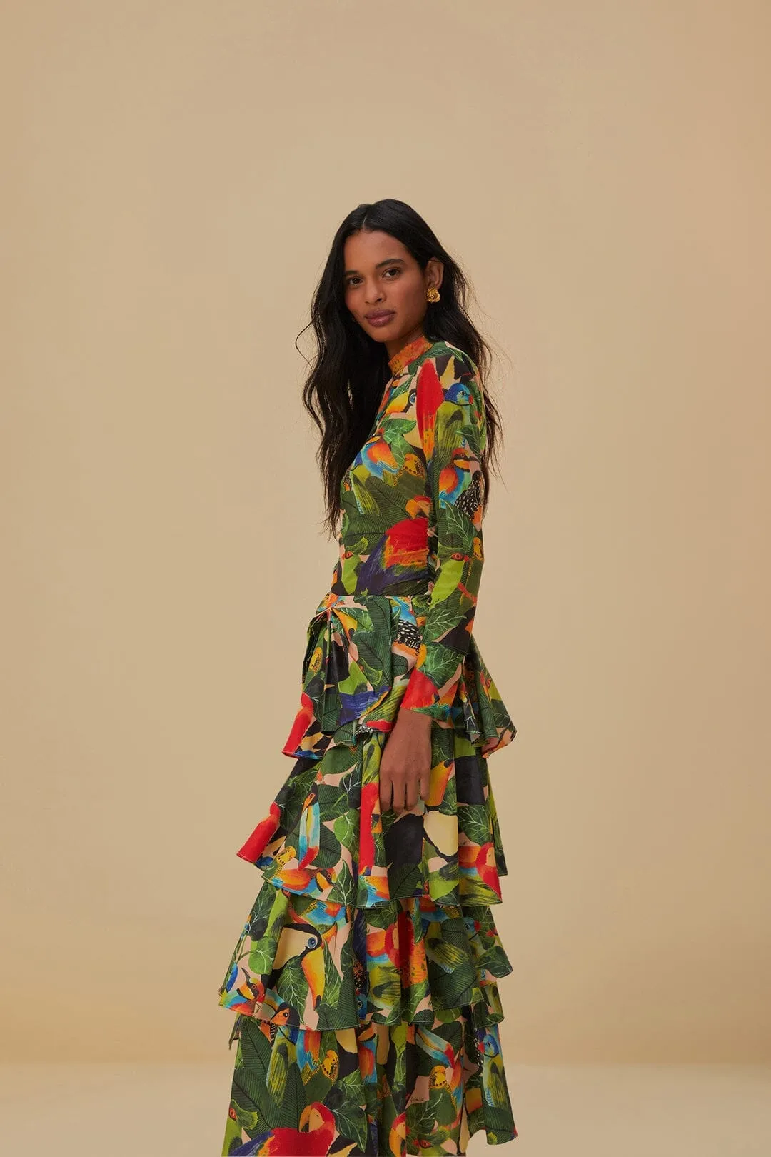 Bird Leaves Sand Tiered Bow Detail Maxi Skirt Breathable Material