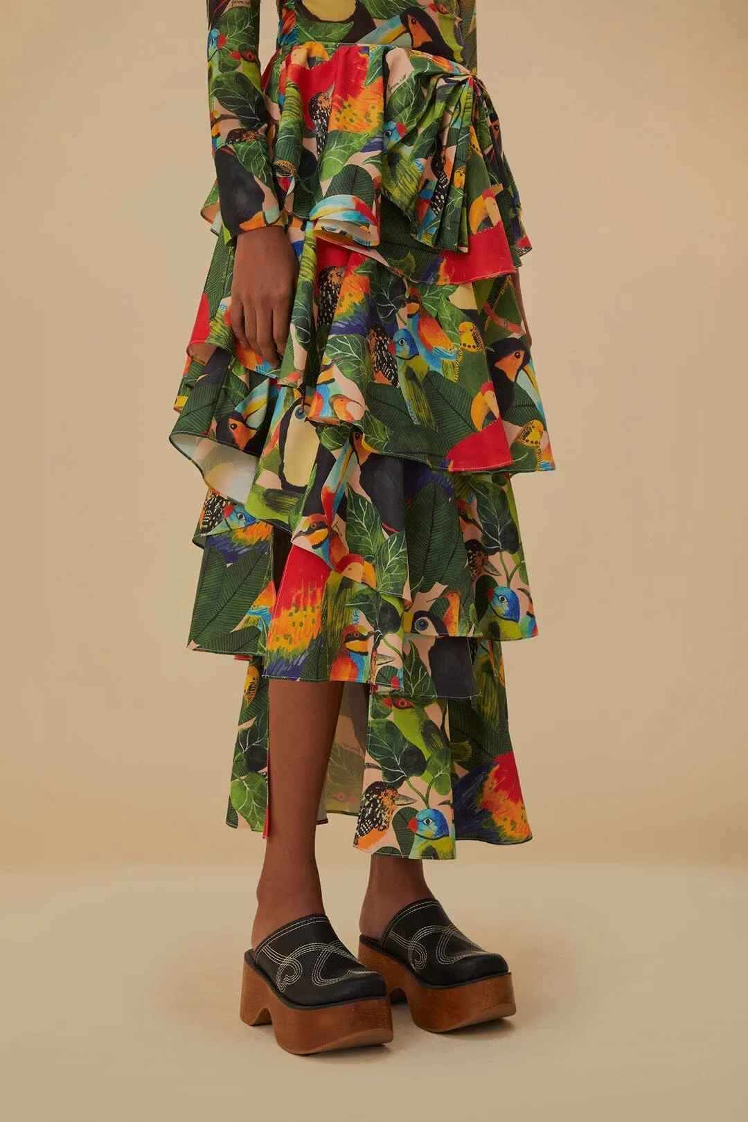 slim fit Bird Leaves Sand Tiered Bow Detail Maxi Skirt