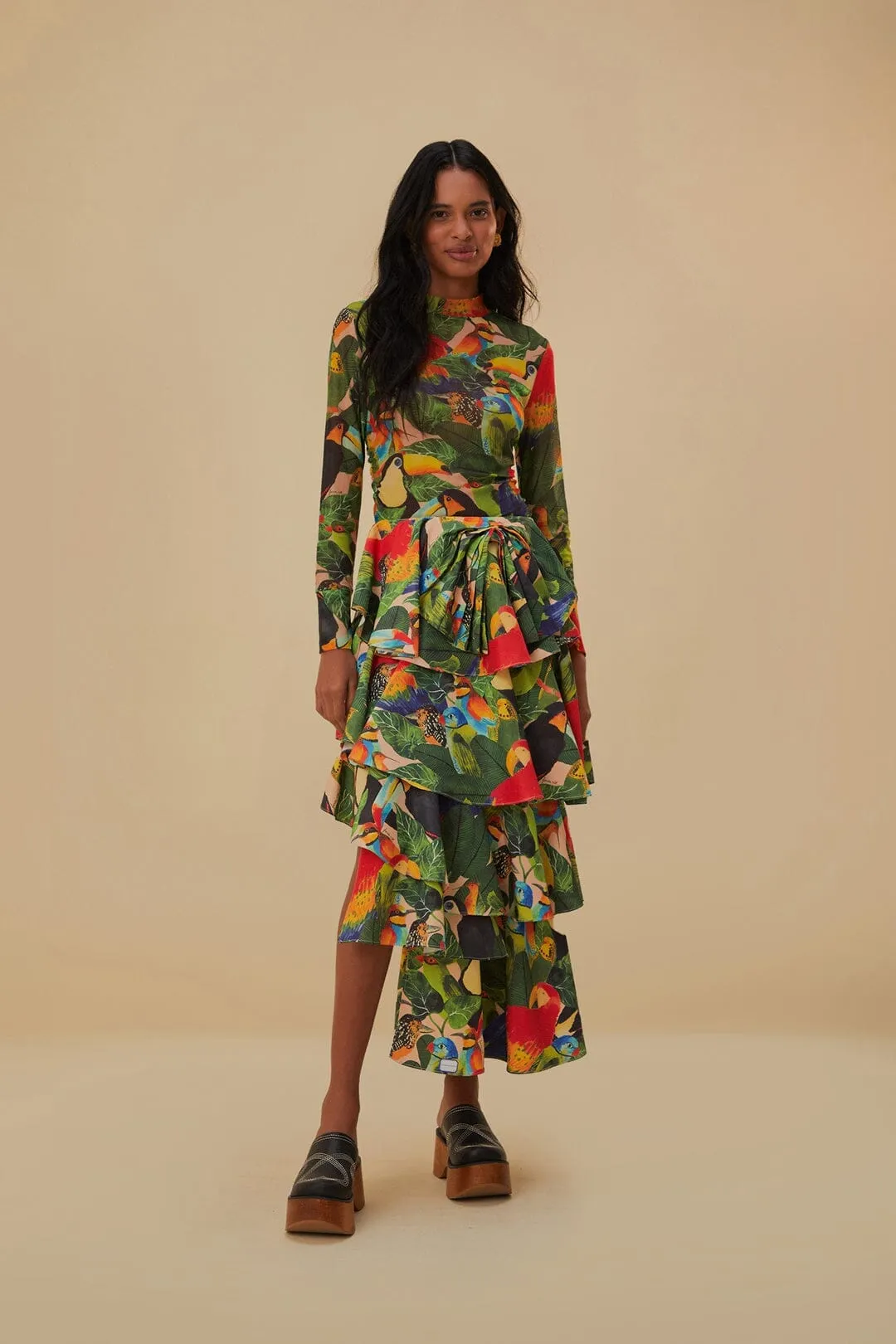 Refined Mood Denim style Bird Leaves Sand Tiered Bow Detail Maxi Skirt