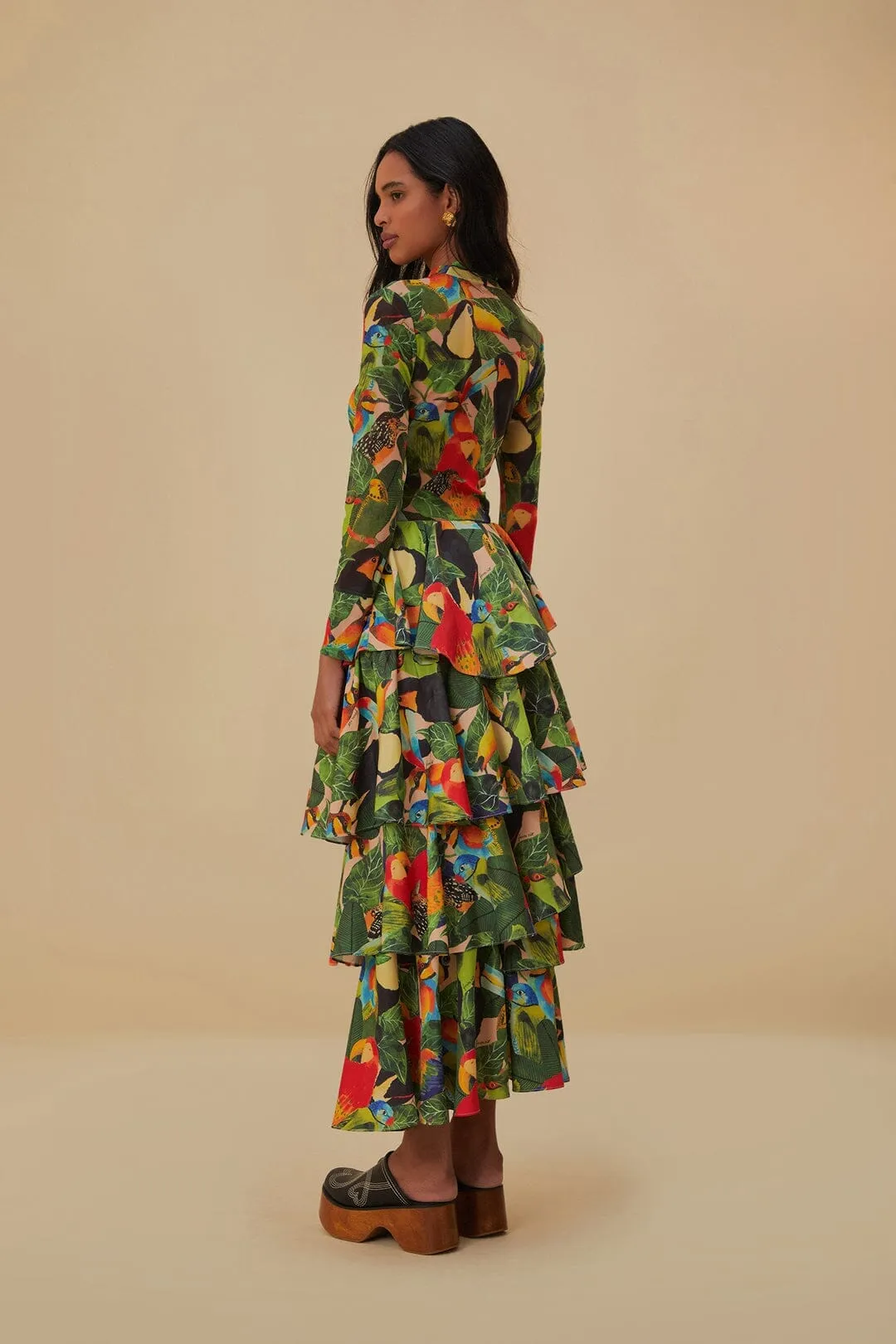 Bird Leaves Sand Tiered Bow Detail Maxi Skirt Detachable Tie