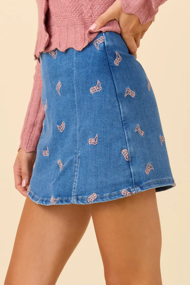 Designer Inspired My Favorite Medium Wash Boot Embroidery Skort SALE