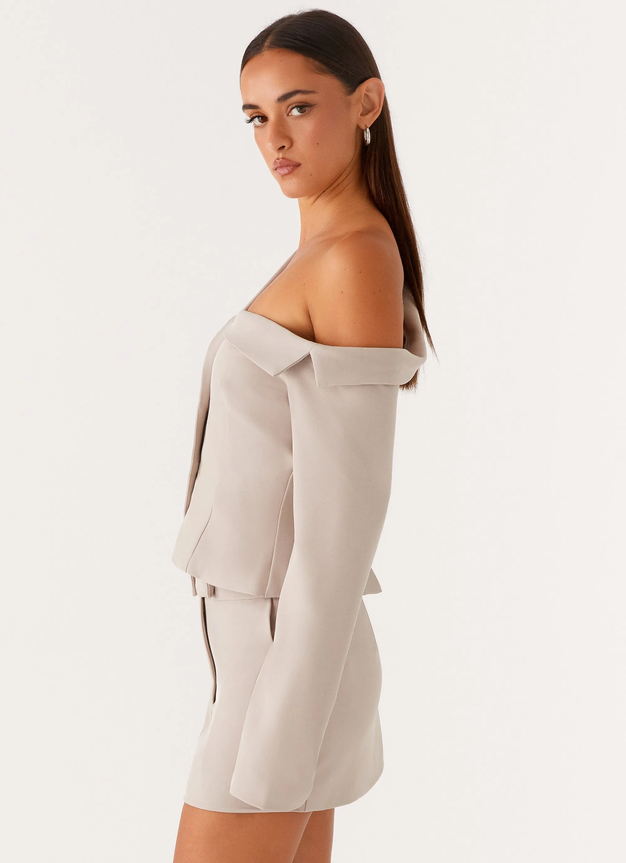 Looking Good Off Shoulder Blazer - Pebble Water Repellent Coating Daily Essential