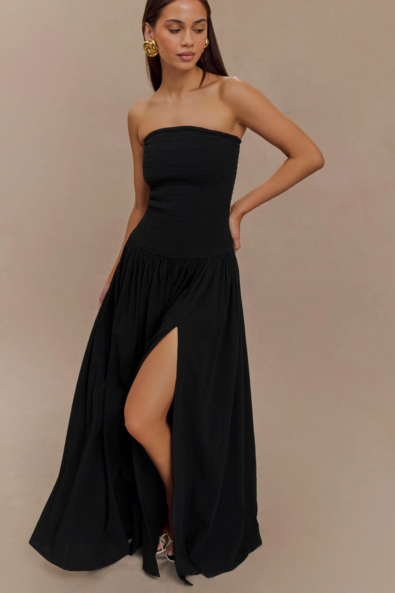 Sophisticated Edge Maureen Cotton Shirring Maxi Dress - Black