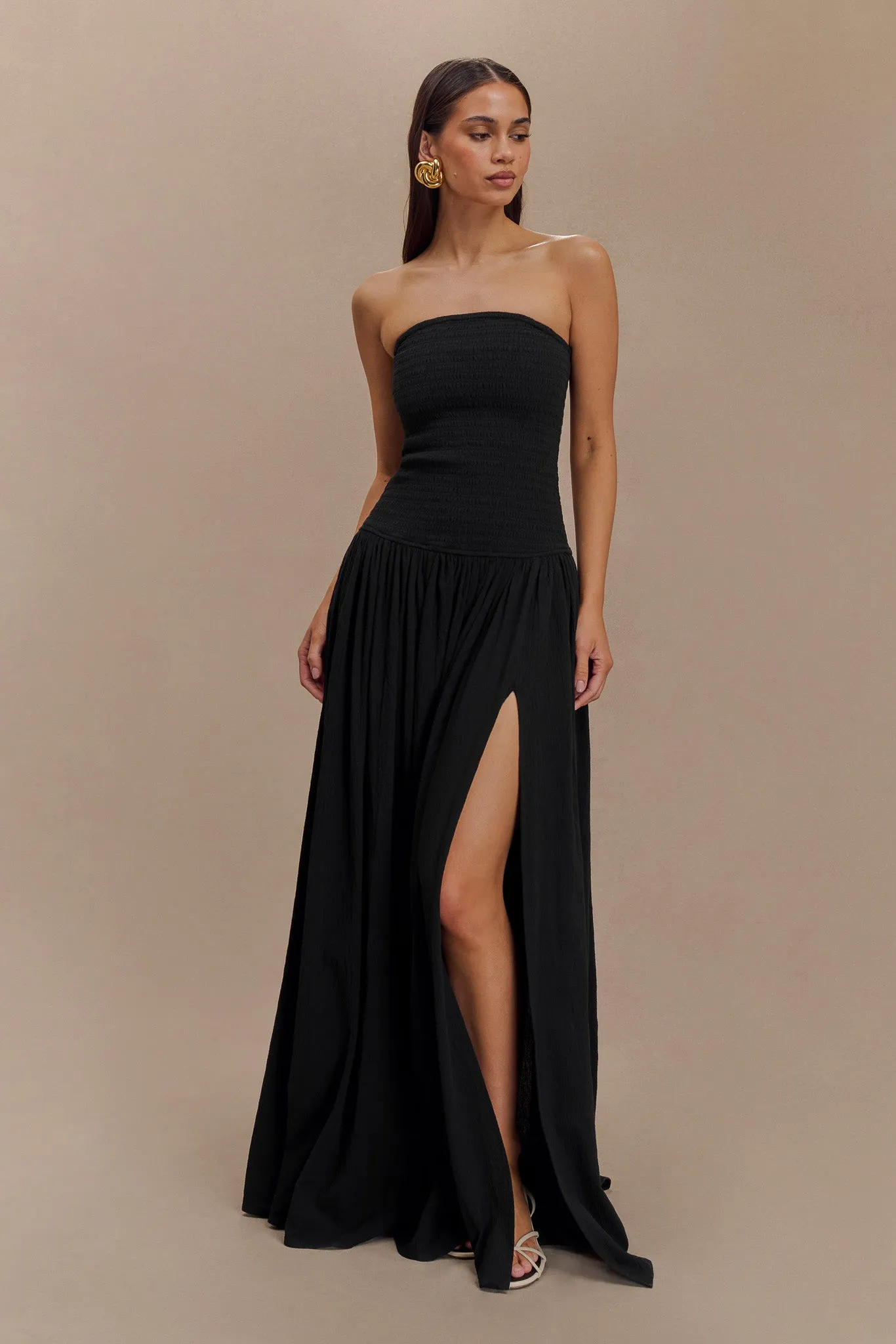 Maureen Cotton Shirring Maxi Dress - Black Minimal Details