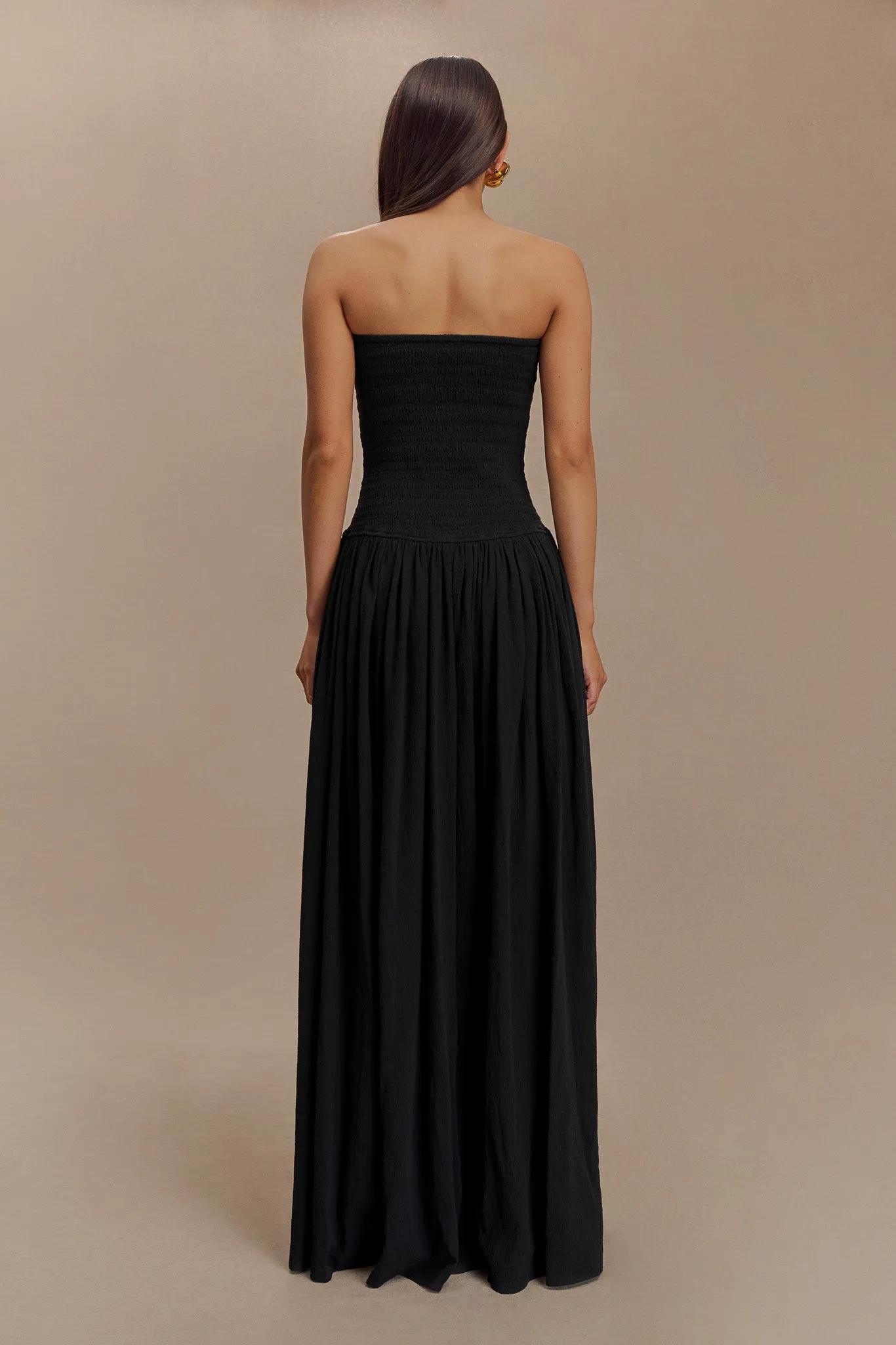 Maureen Cotton Shirring Maxi Dress - Black Glam Feel Modern Silhouette
