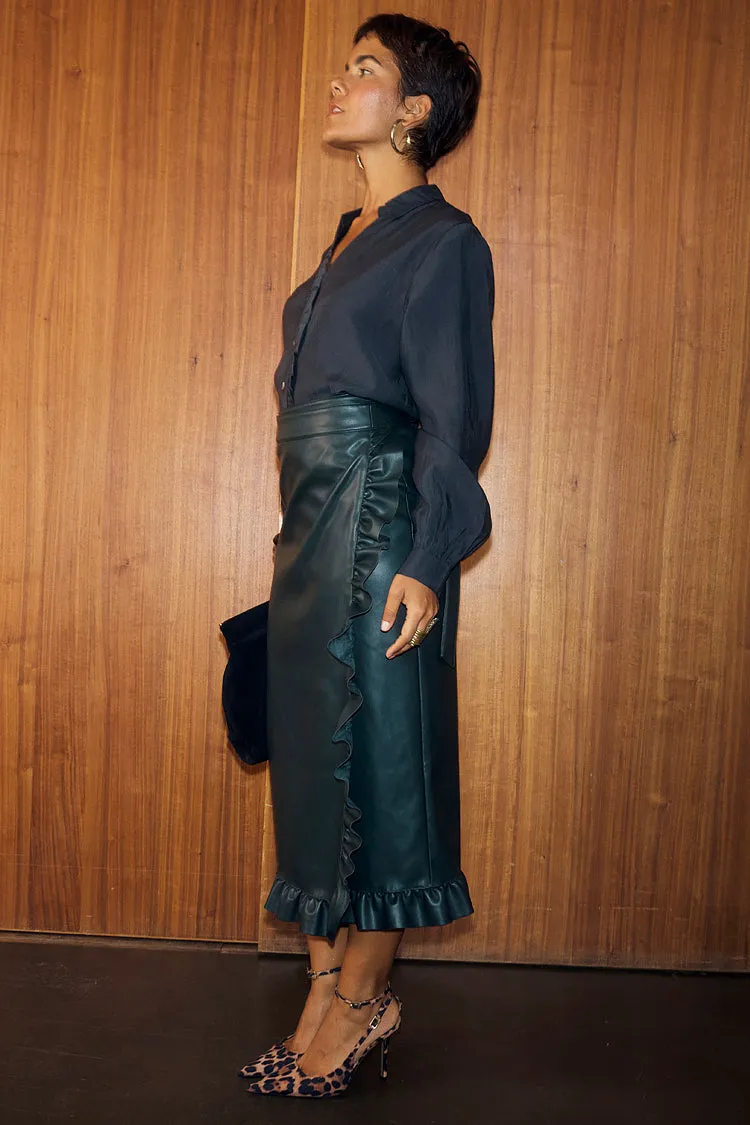 Minimal Vibes Bottle Green Vegan Leather Ruffle Jaspre Skirt