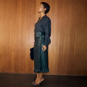 Bottle Green Vegan Leather Ruffle Jaspre Skirt Weekend Fashion