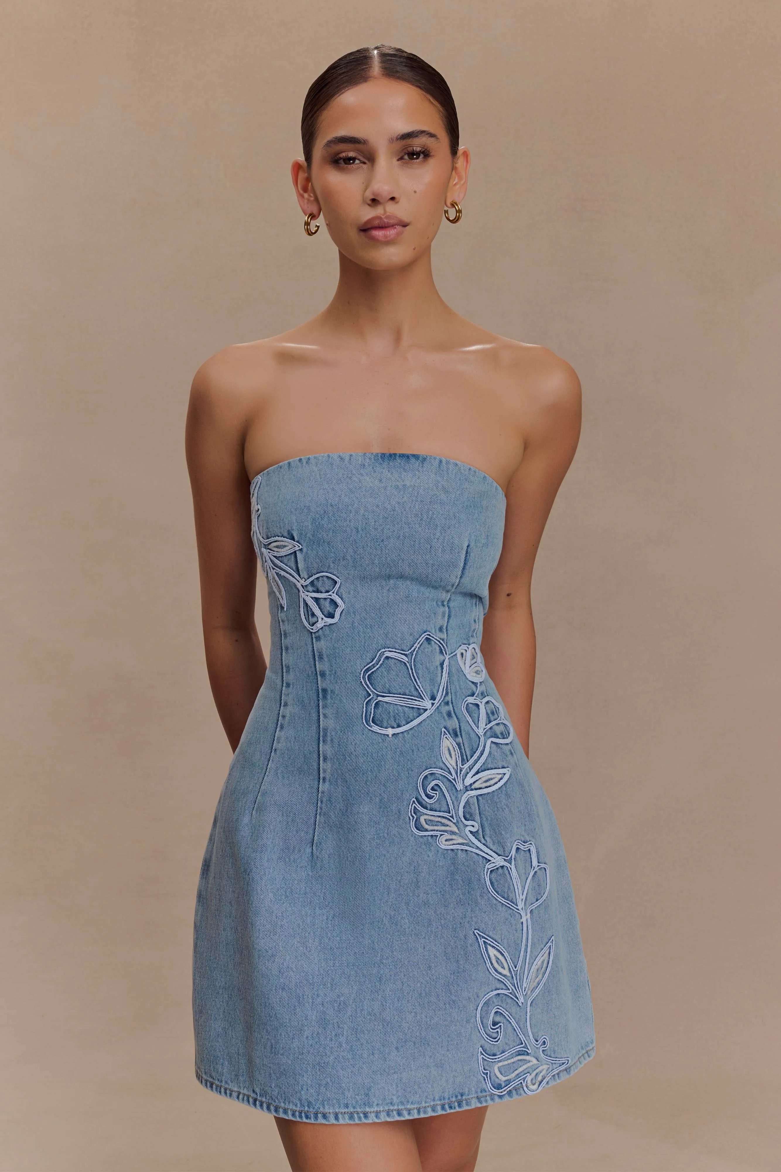 Akira Embroidered Denim Mini Dress - Mid Blue Air Beauty