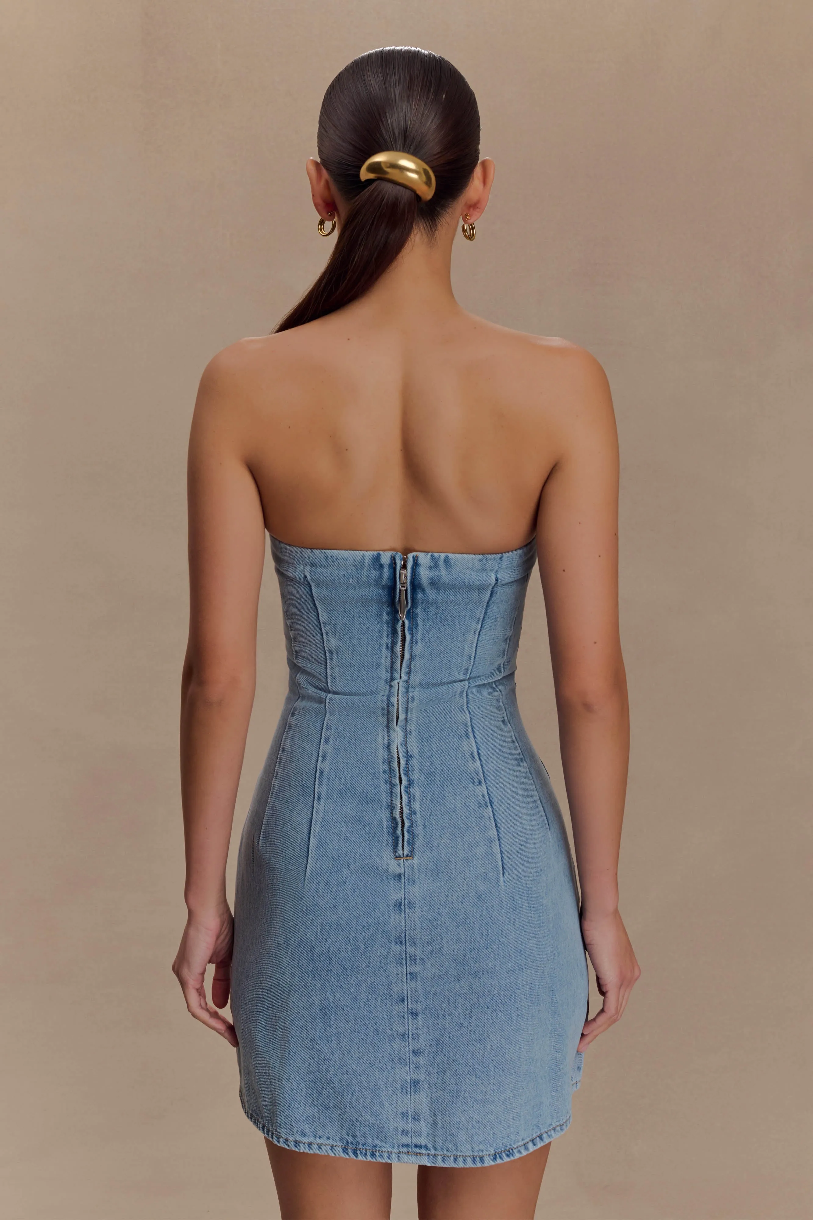 Akira Embroidered Denim Mini Dress - Mid Blue Cool Draping Rooftop-Event