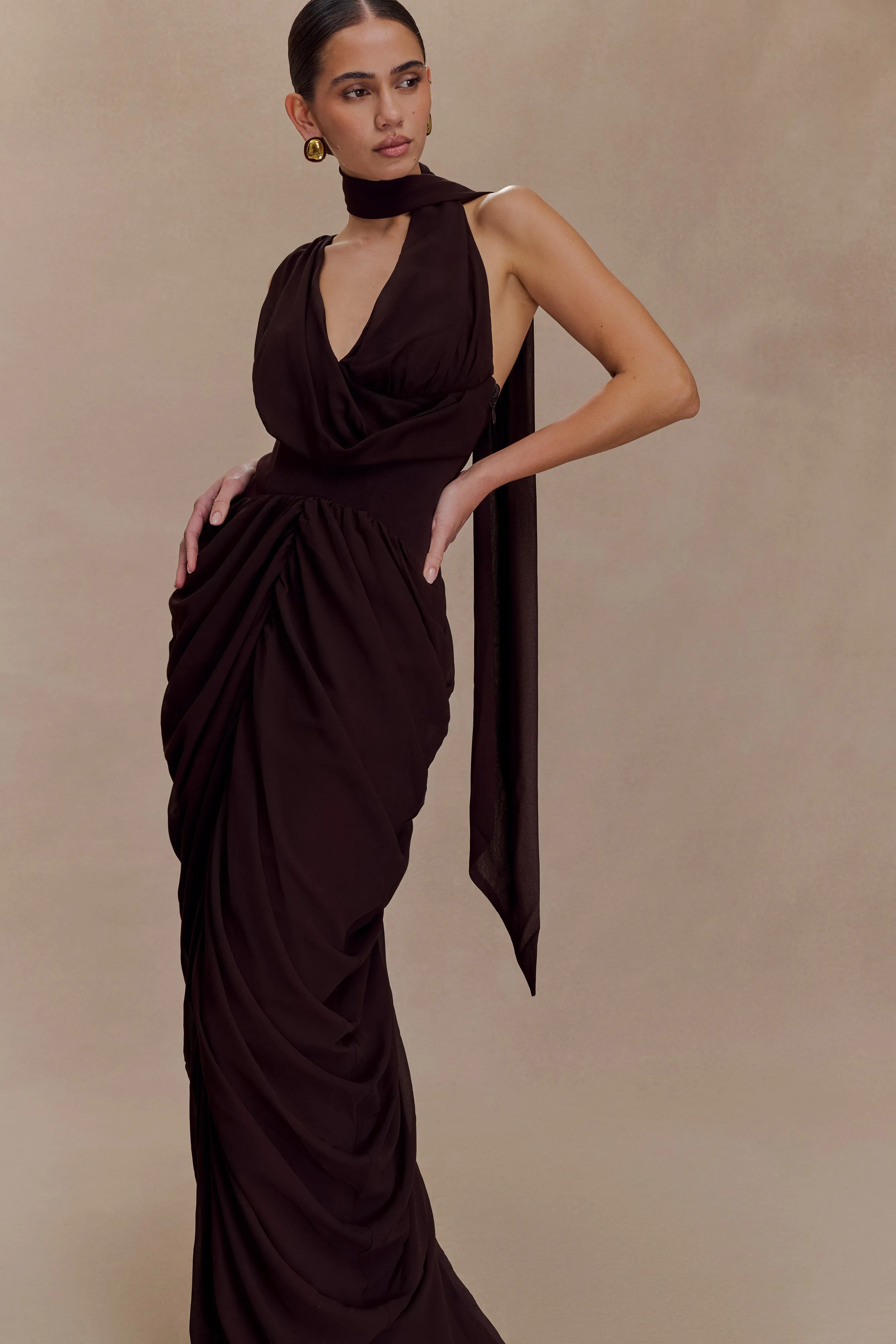 Designer-Label Comfort Fit Alex Chiffon Maxi Dress - Cacao Brown