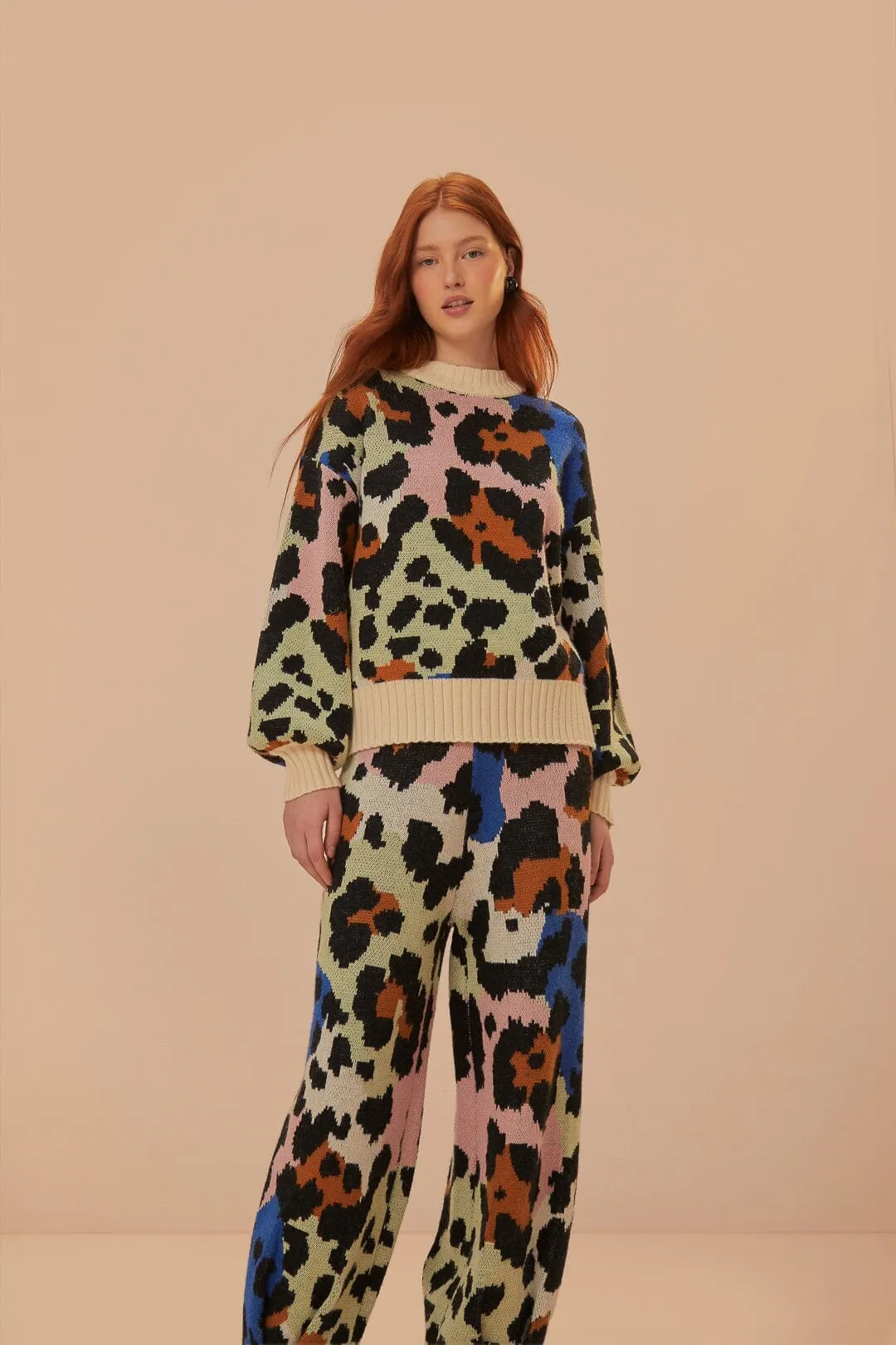 Colorful Leopards Knit Pants Vintage Wash Quick Fit Design