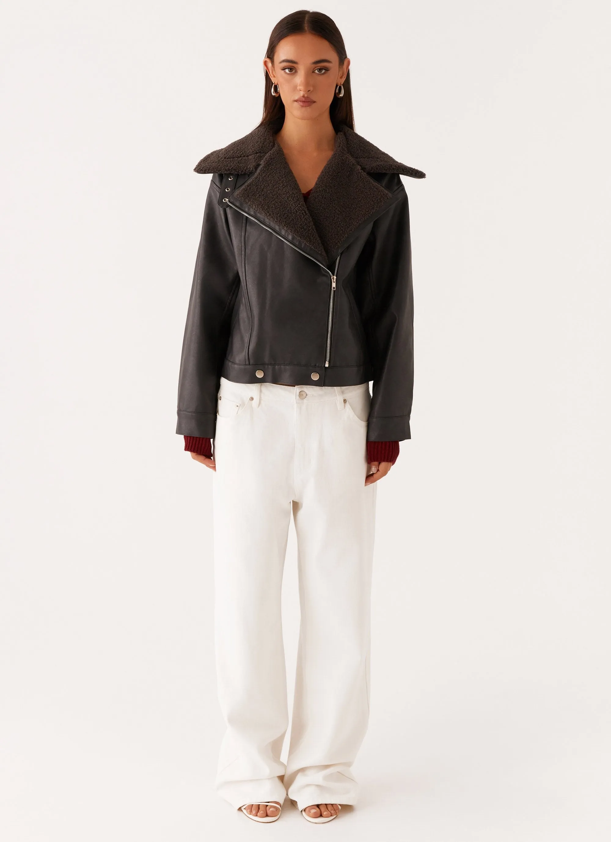 Inka PU Leather Shearling Jacket - Charcoal Soft touch finish