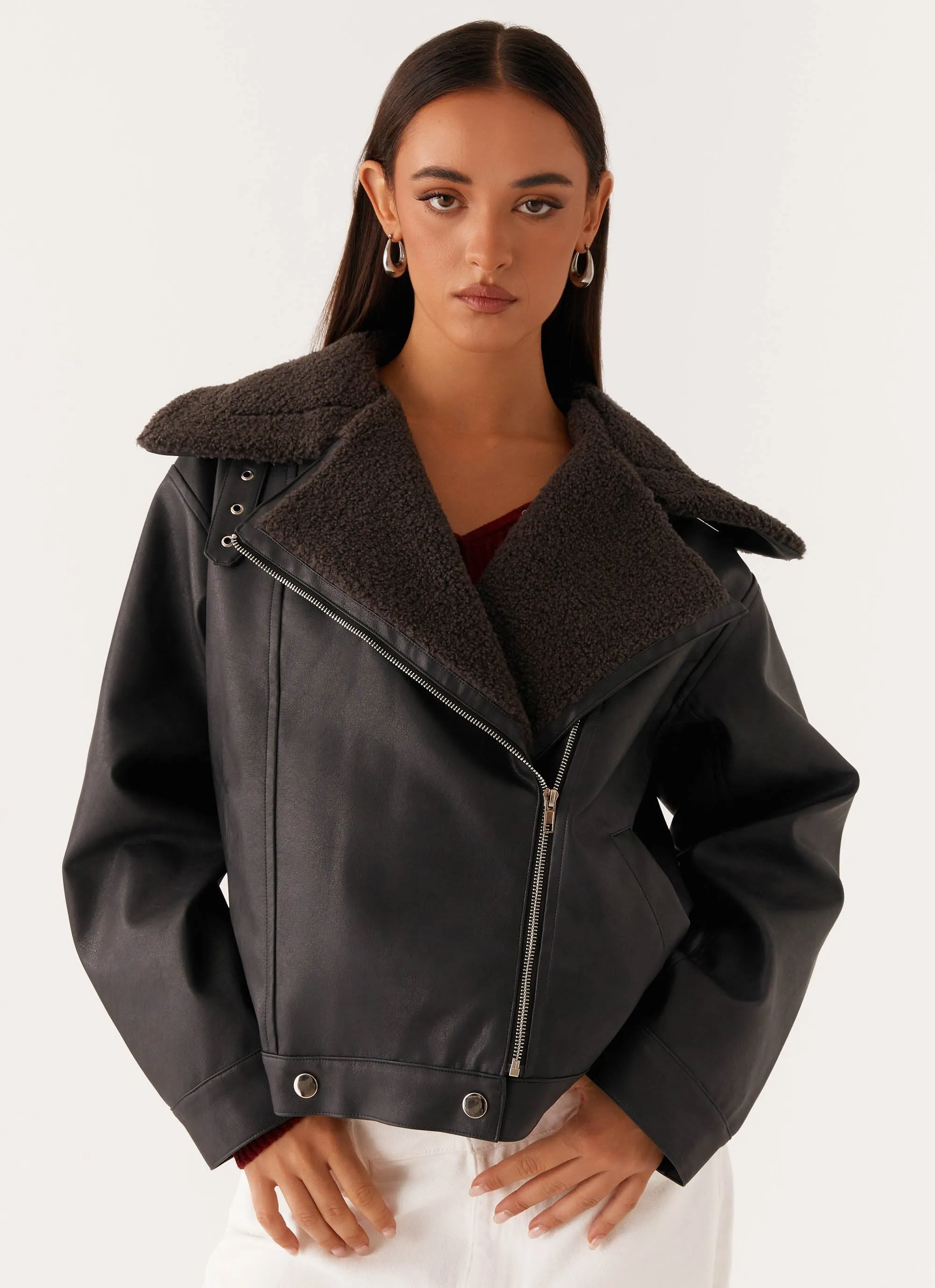 Inka PU Leather Shearling Jacket - Charcoal Simple Detail