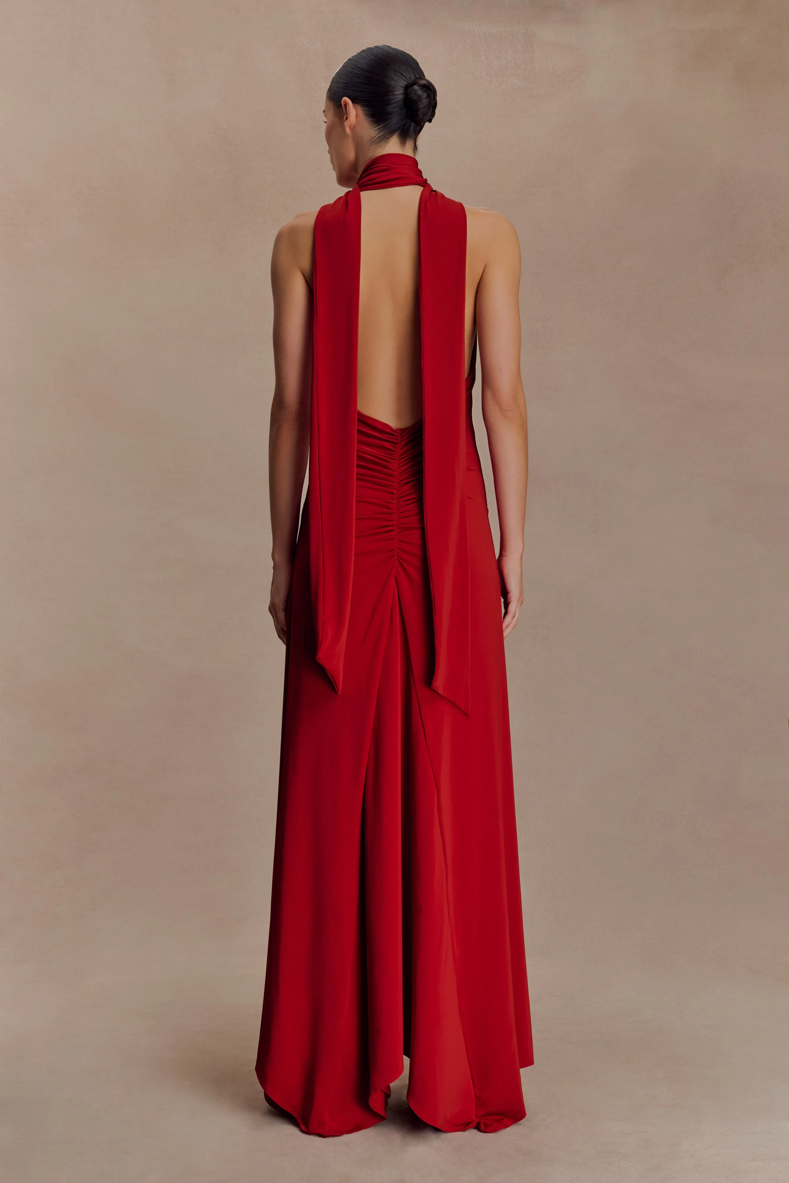 Gathered Skirt Juliet Slinky Maxi Dress With Scarf - Ruby