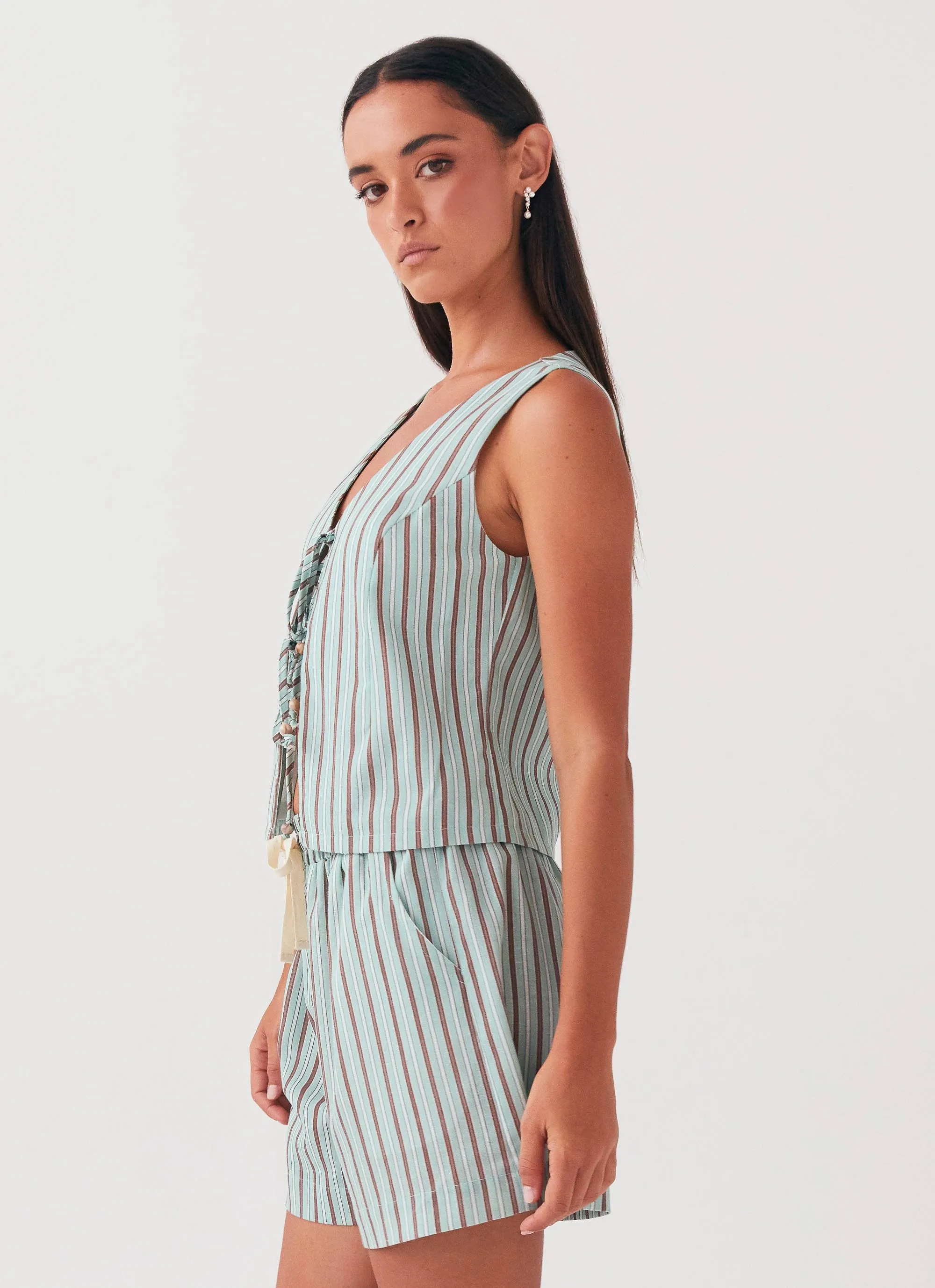 Allania Linen Shorts - Coastal Stripe Anti Pilling Surface