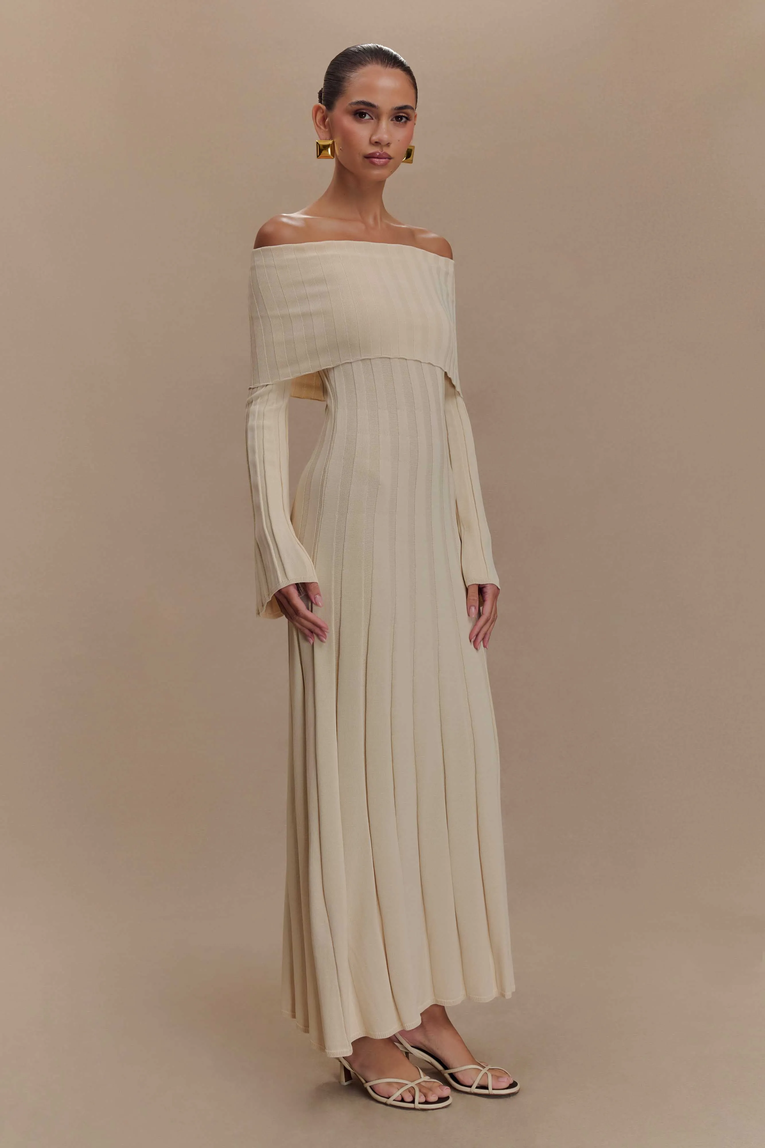 Elastic-Waist Stain-Resistant Alonza Long Sleeve Knit Midi Dress - Cream