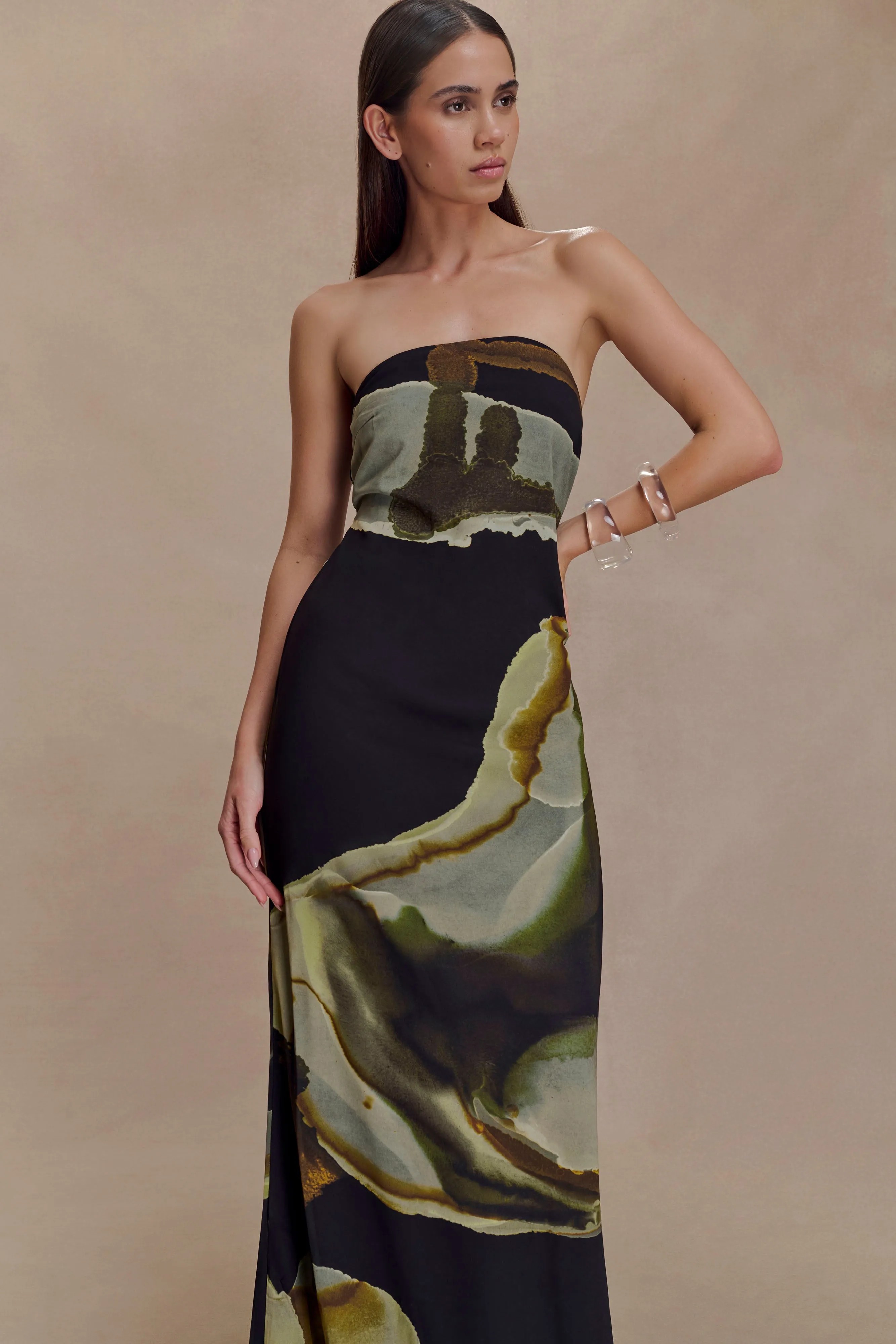 Amaya Strapless Chiffon Maxi Dress - Green Fluid Reverie Print button detail Basic Mood
