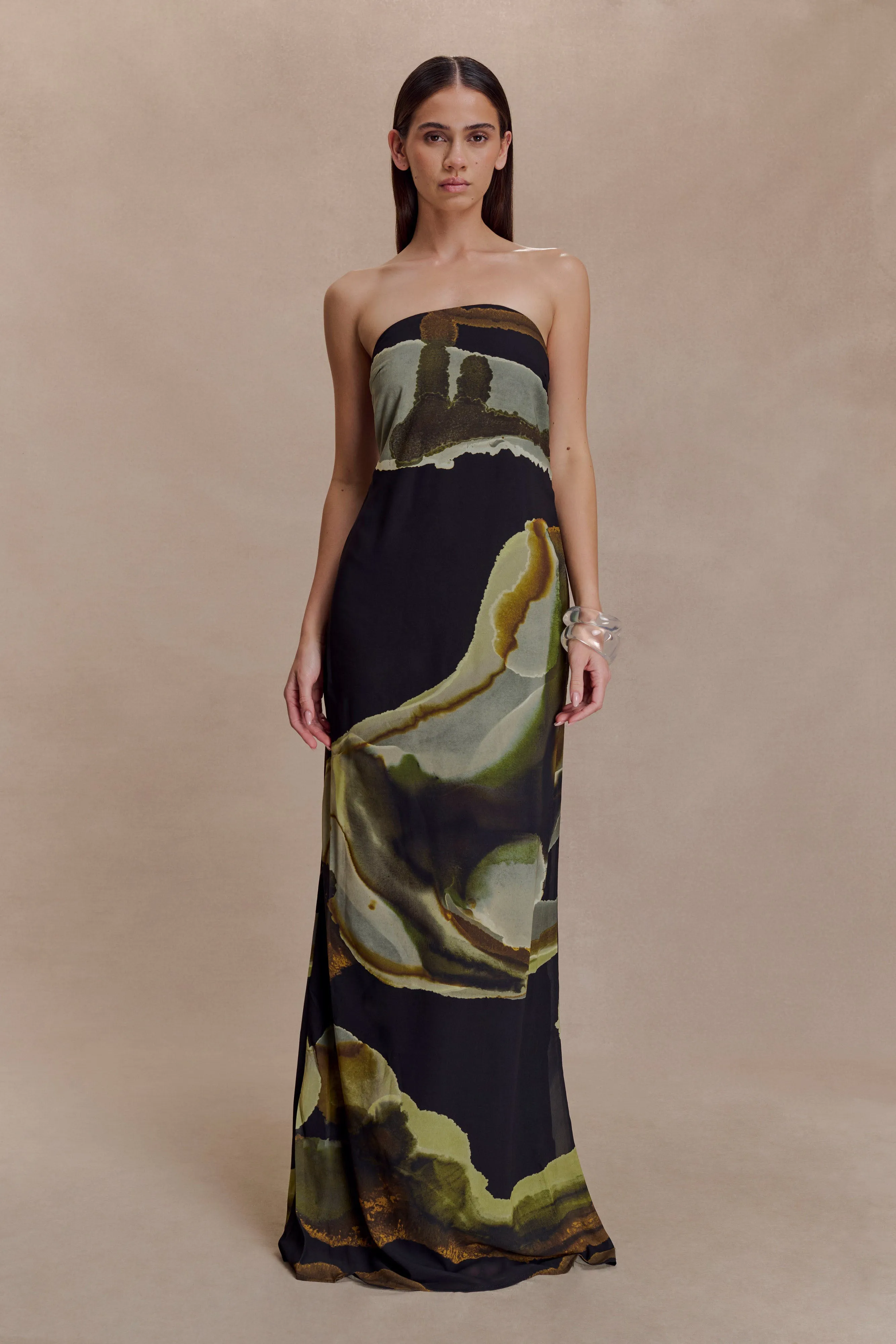 Amaya Strapless Chiffon Maxi Dress - Green Fluid Reverie Print Work-to-Play Wear