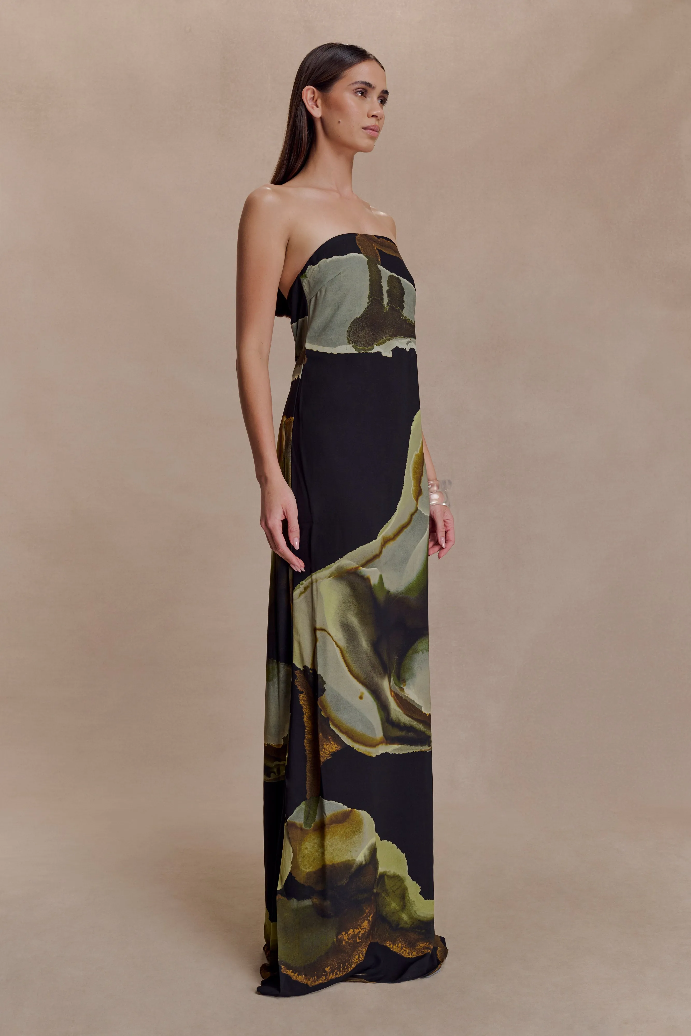 Everyday Use Stream Cut Amaya Strapless Chiffon Maxi Dress - Green Fluid Reverie Print