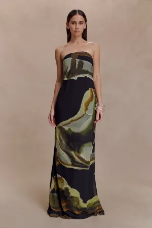 Amaya Strapless Chiffon Maxi Dress - Green Fluid Reverie Print Work-to-Play Wear
