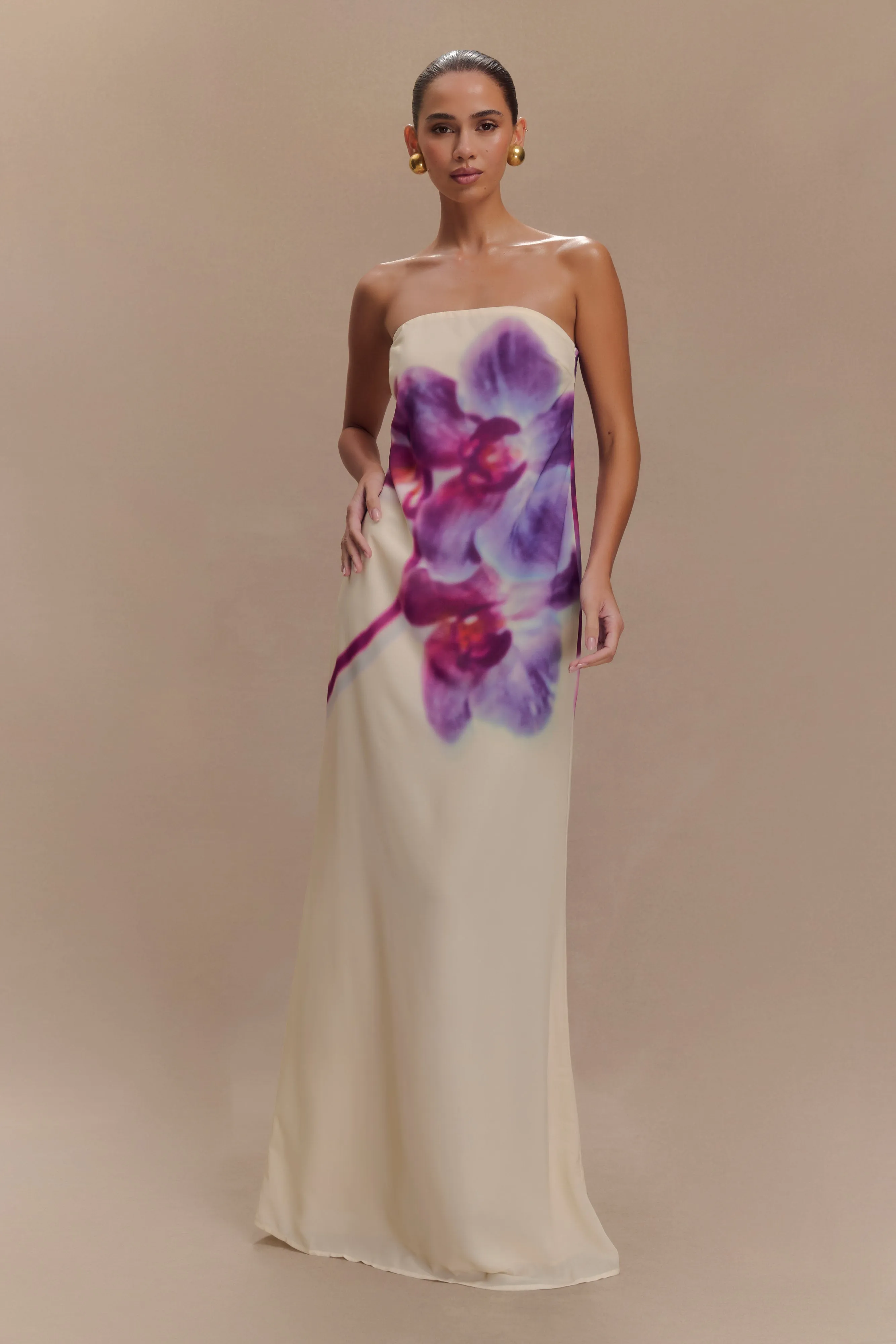 Amaya Strapless Chiffon Maxi Dress - Ivory Koi Orchid Print Figure-Skimming