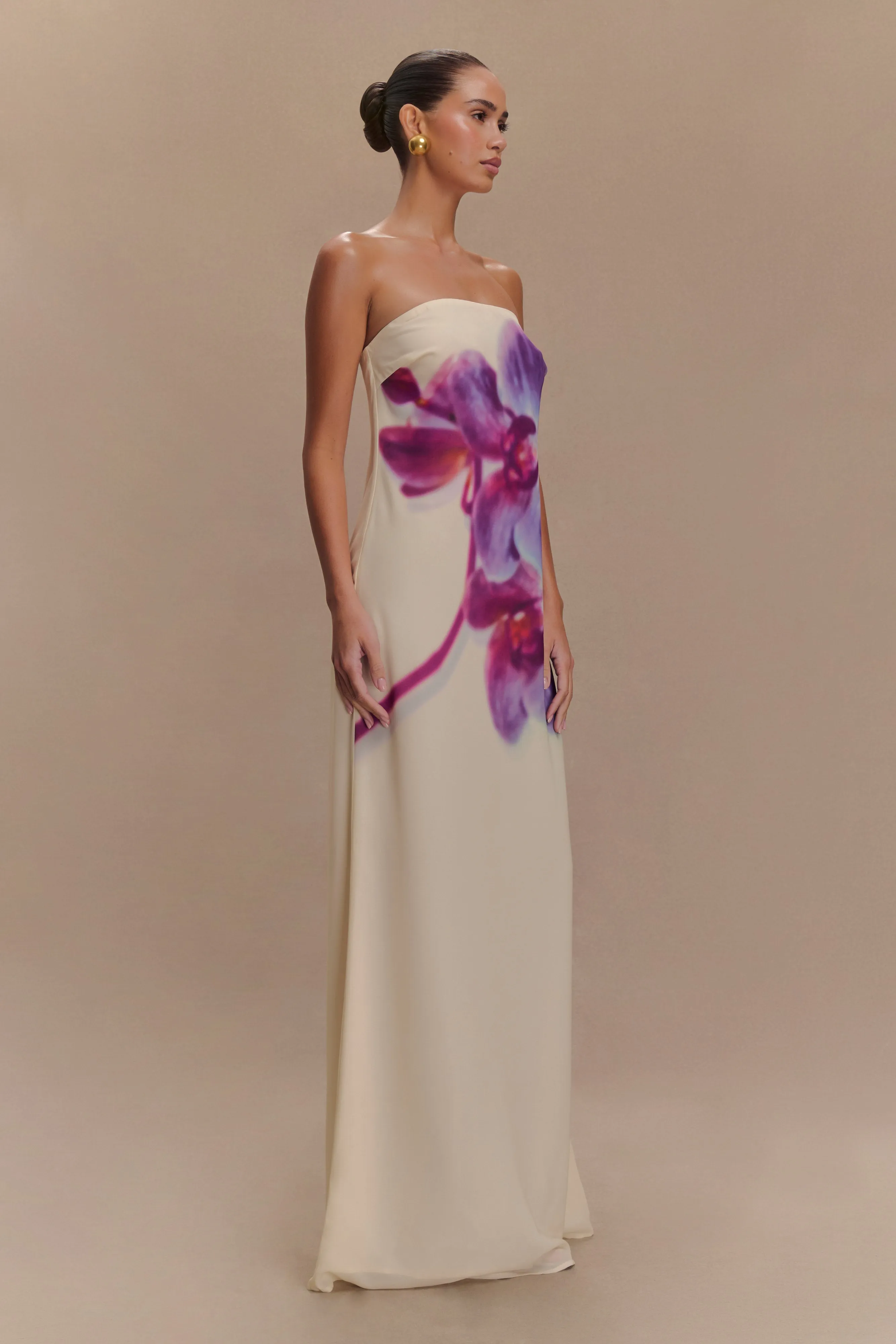 Empire Waist Amaya Strapless Chiffon Maxi Dress - Ivory Koi Orchid Print