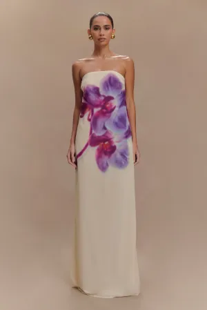 Fashion Essential Layered Design Amaya Strapless Chiffon Maxi Dress - Ivory Koi Orchid Print