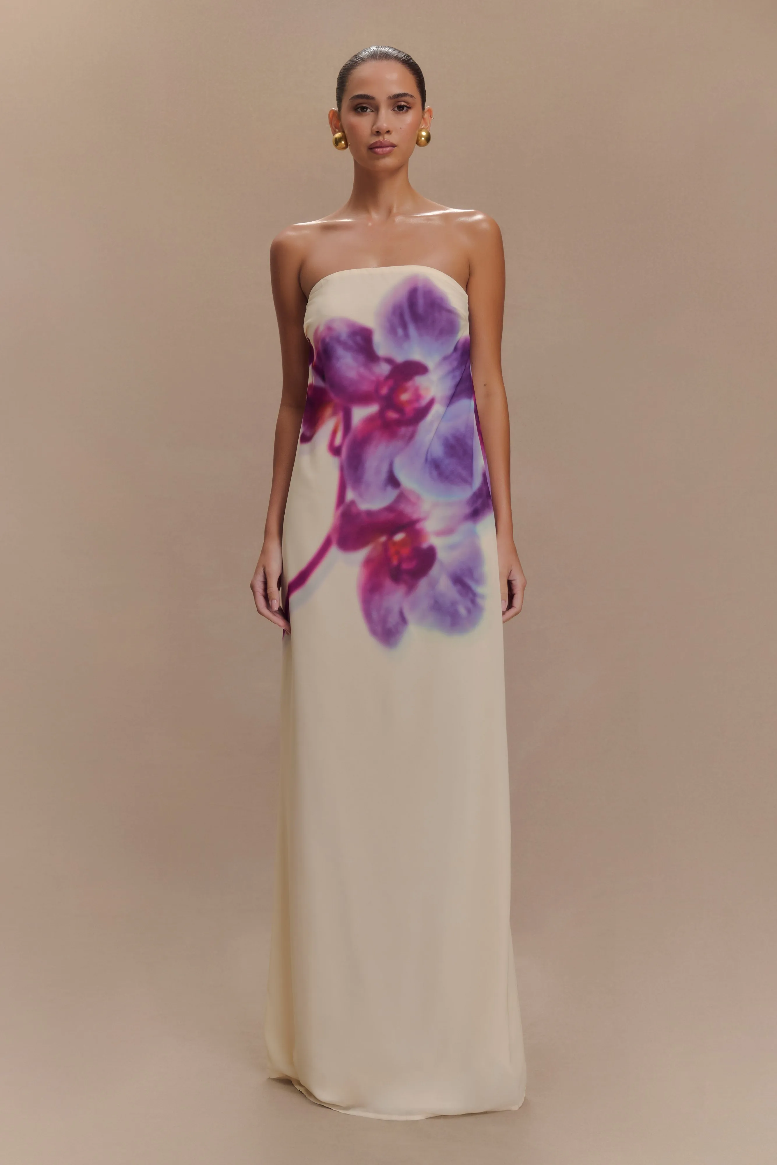 Fashion Essential Layered Design Amaya Strapless Chiffon Maxi Dress - Ivory Koi Orchid Print
