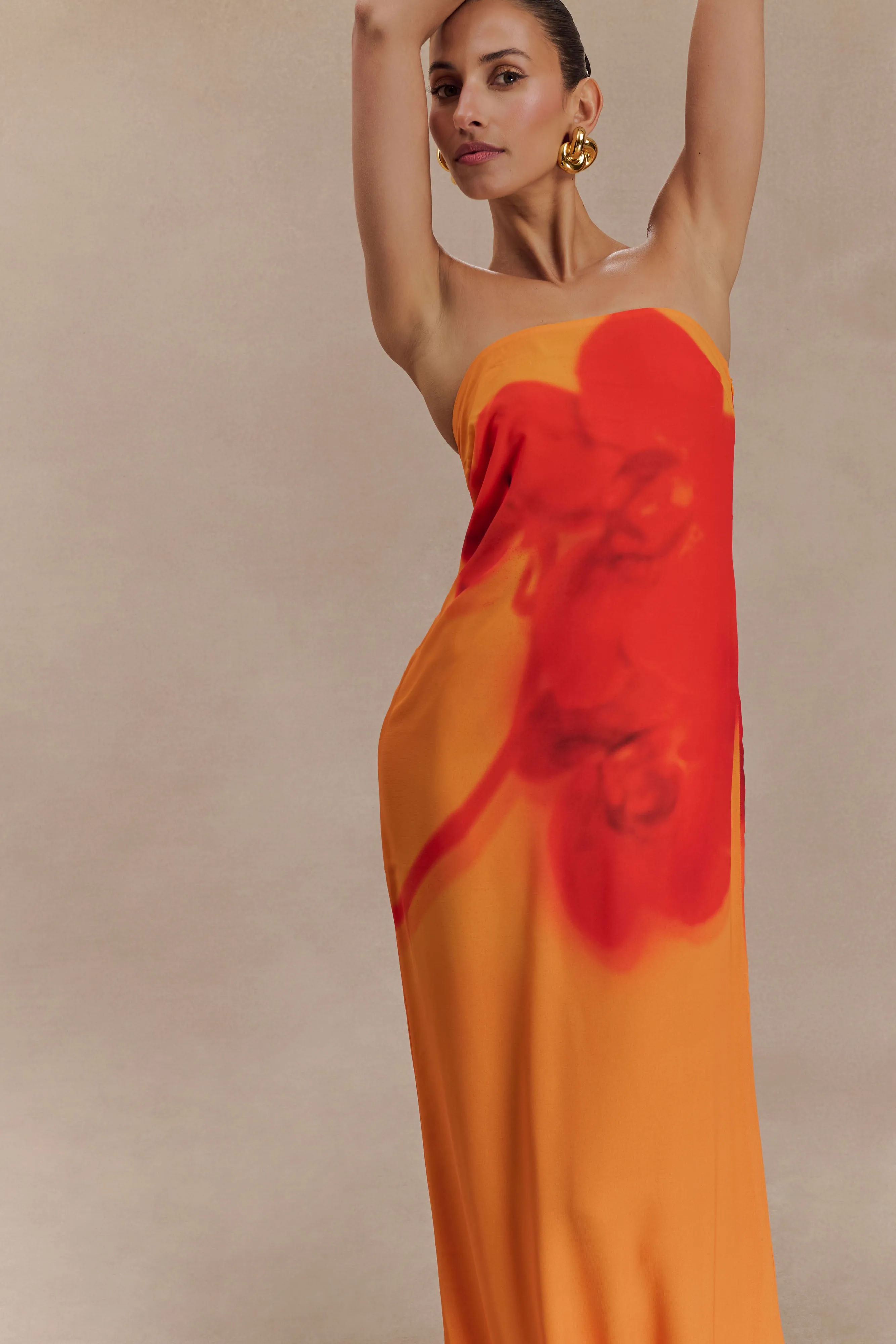 Amaya Strapless Chiffon Maxi Dress - Koi Orchid Print Sophisticated Elegance