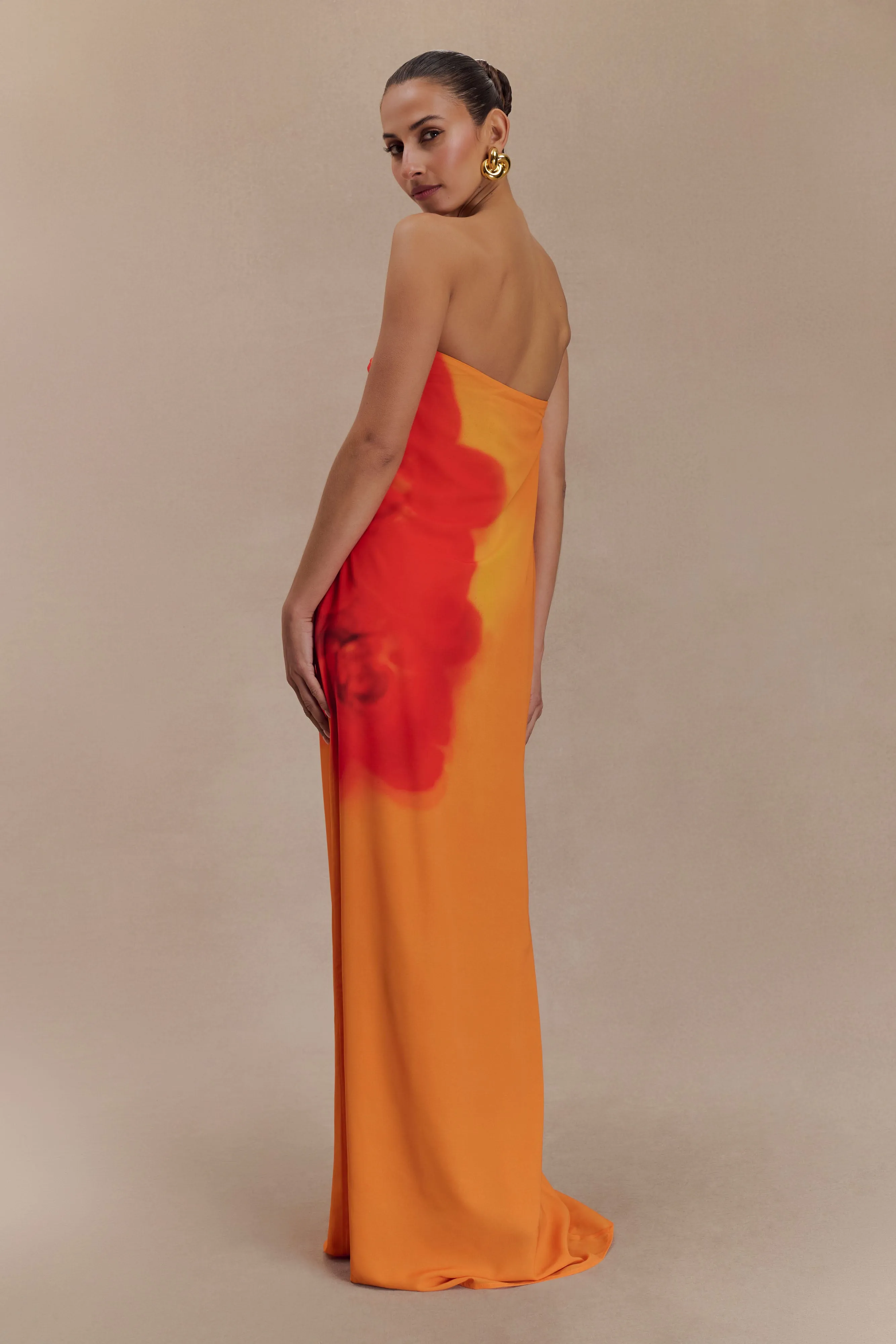 Daywear Fit Nature Inspired Amaya Strapless Chiffon Maxi Dress - Koi Orchid Print