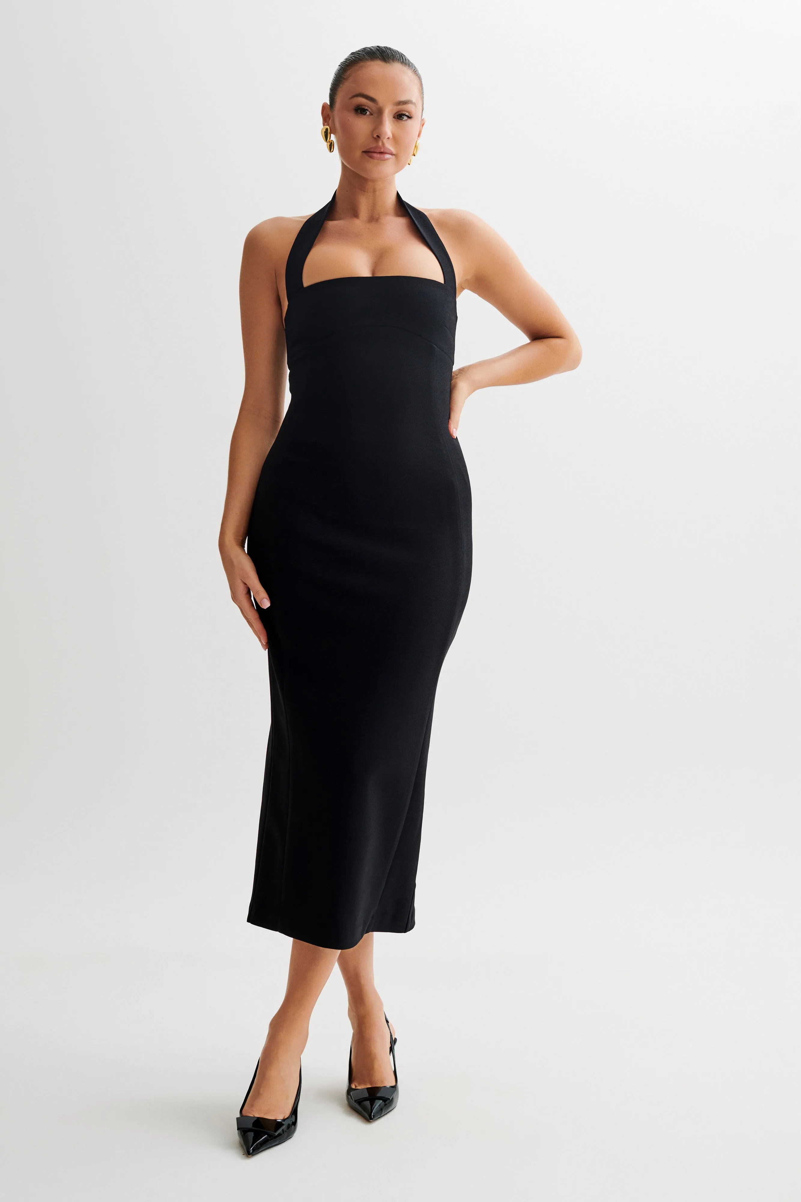 Chic Tailoring Subtle tone Amelita Suiting Halter Midi Dress - Black