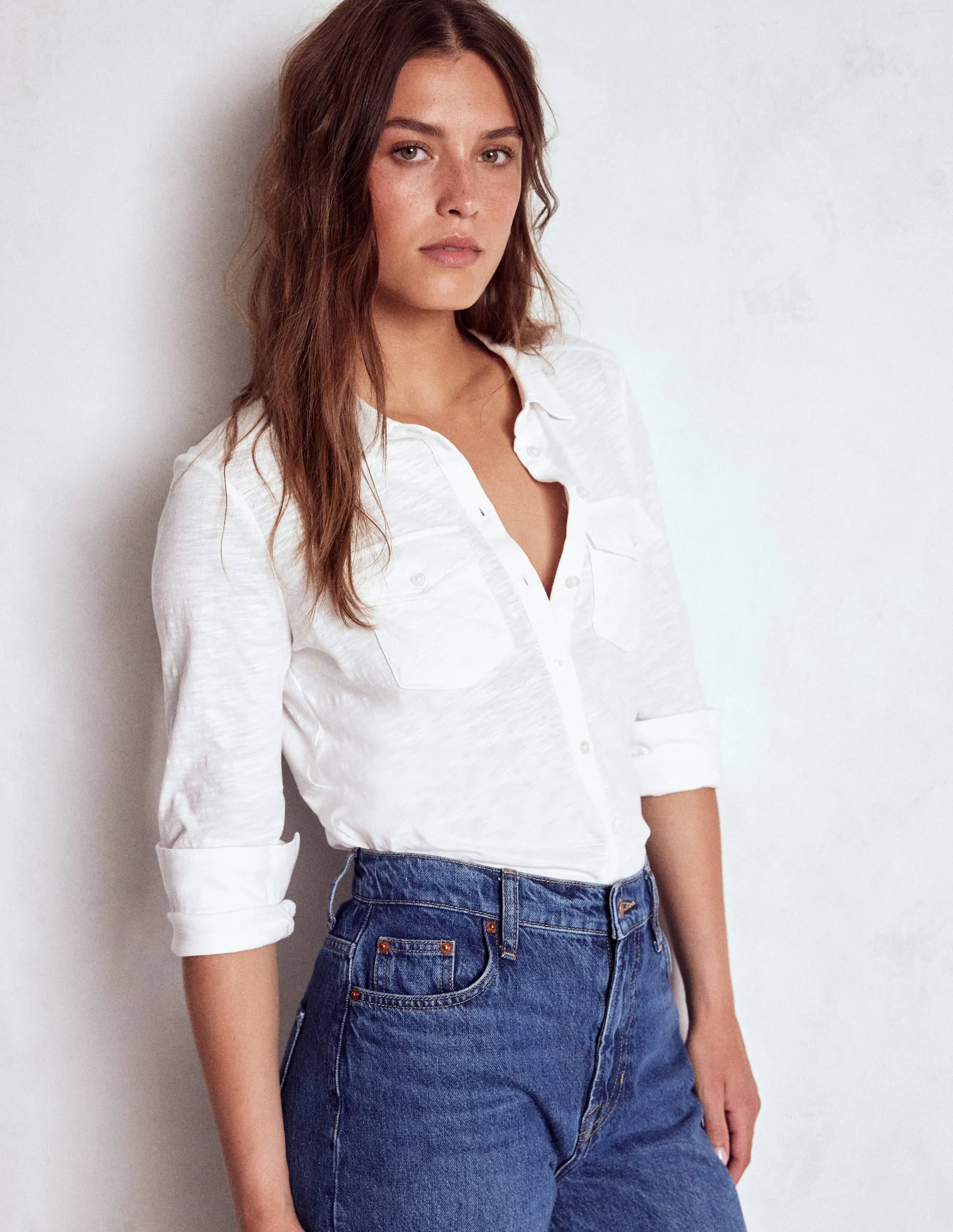 Scoop neck Regular fit normality Amy Jersey Shirt-White