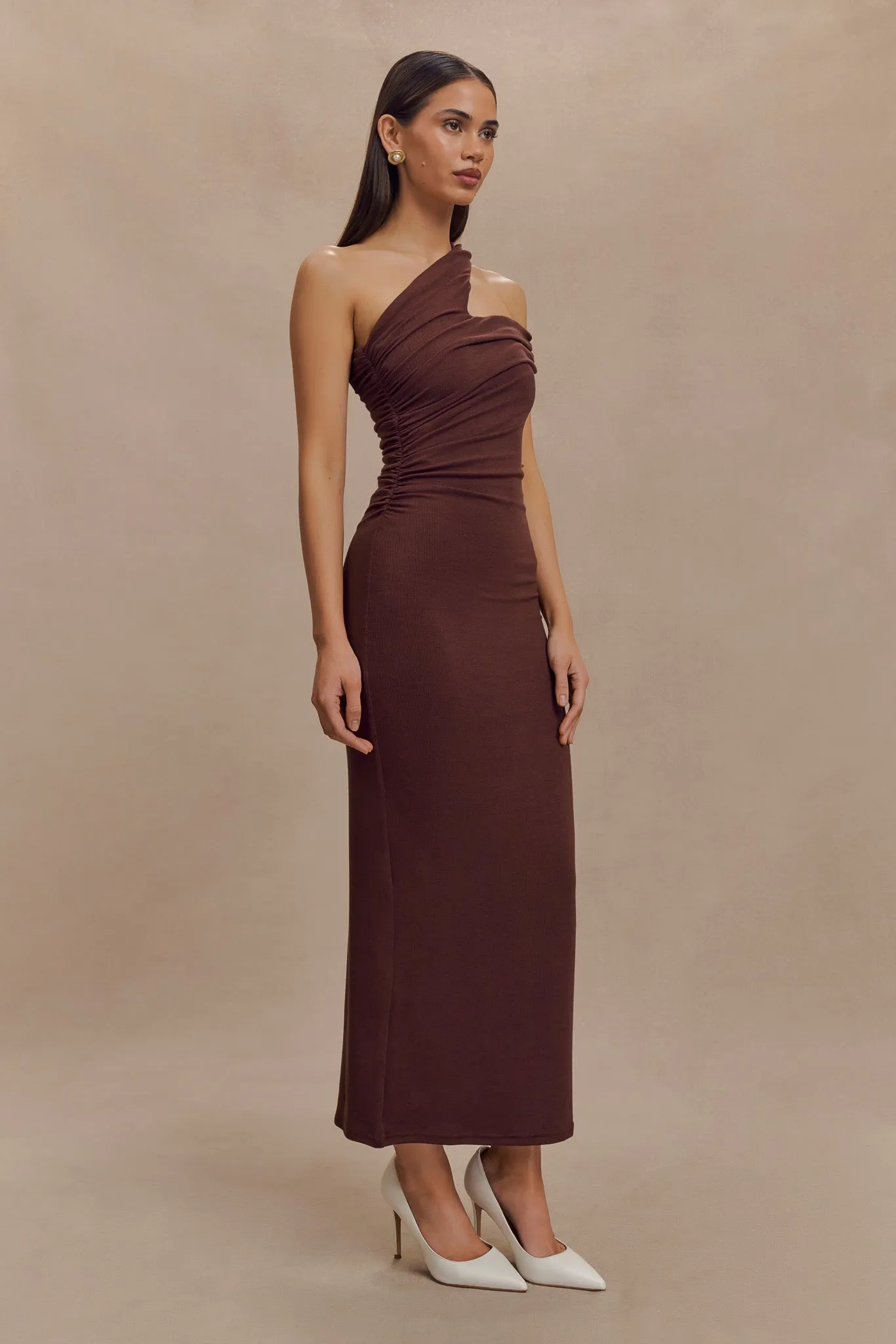 Anastasia One Shoulder Modal Midi Dress - Mahogany Trendy wrap gown