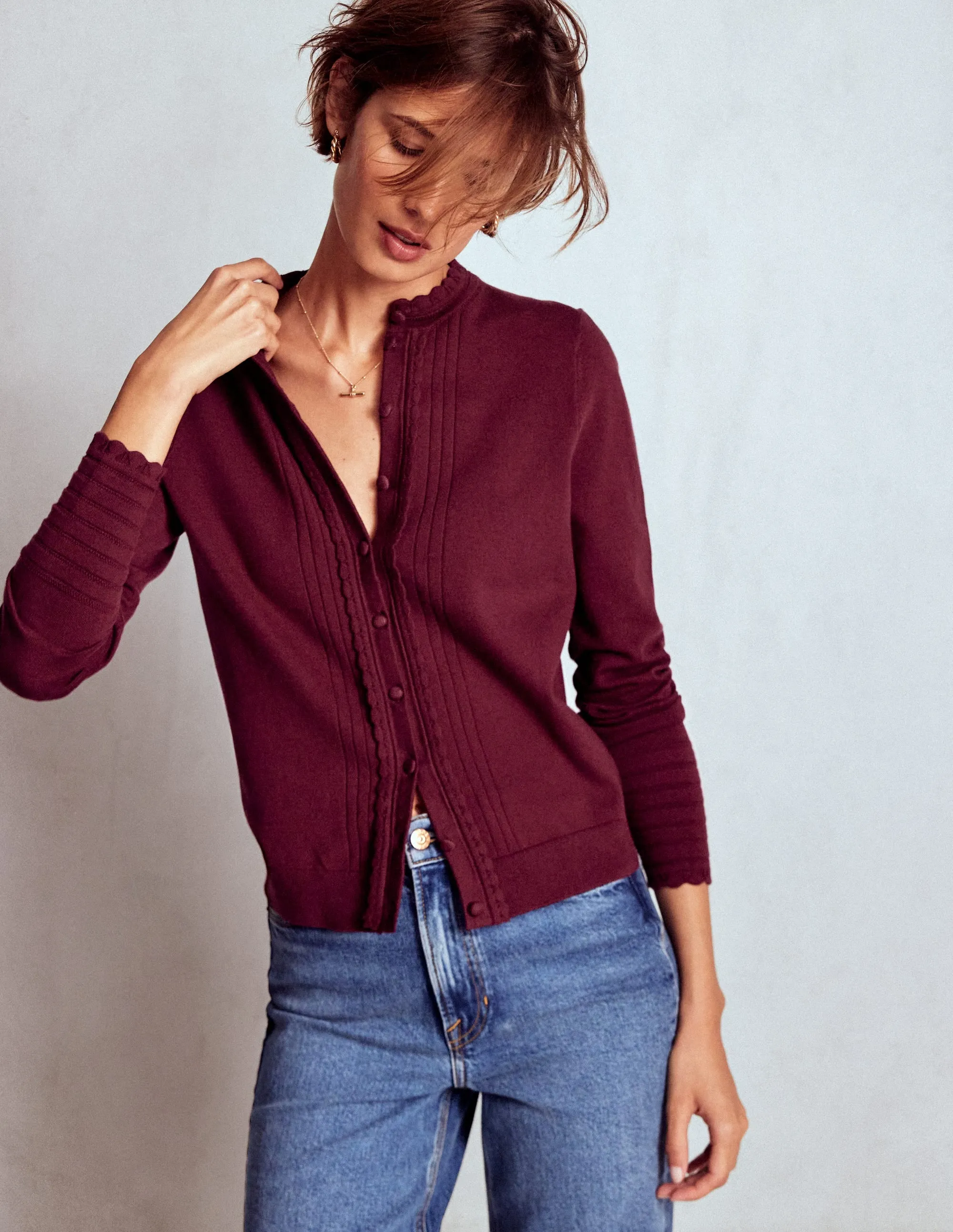 Angela Cotton Scallop Cardigan-Deep Wisteria Brushed Interior EcoFriendly Dyeing