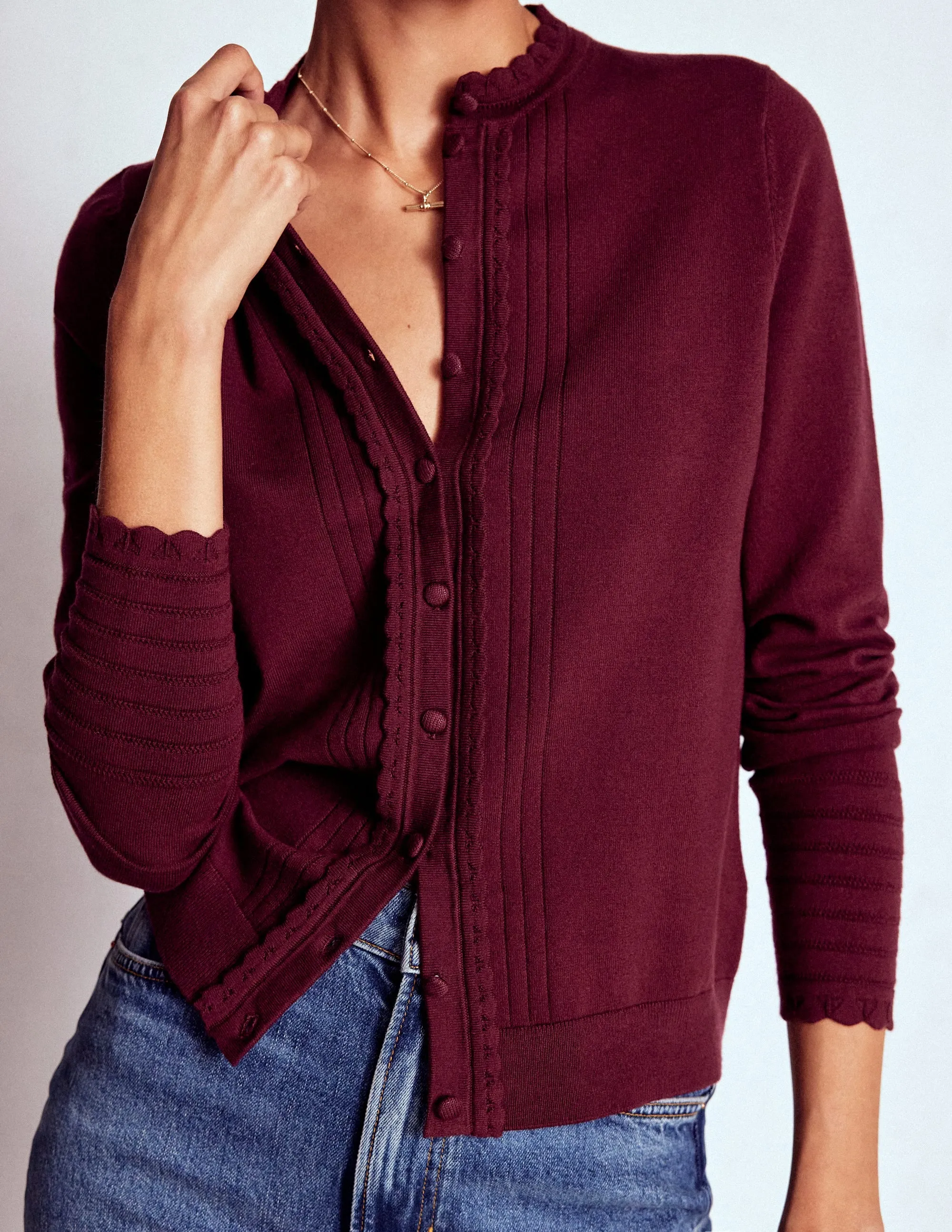 Knit Reinforced Edges Angela Cotton Scallop Cardigan-Deep Wisteria