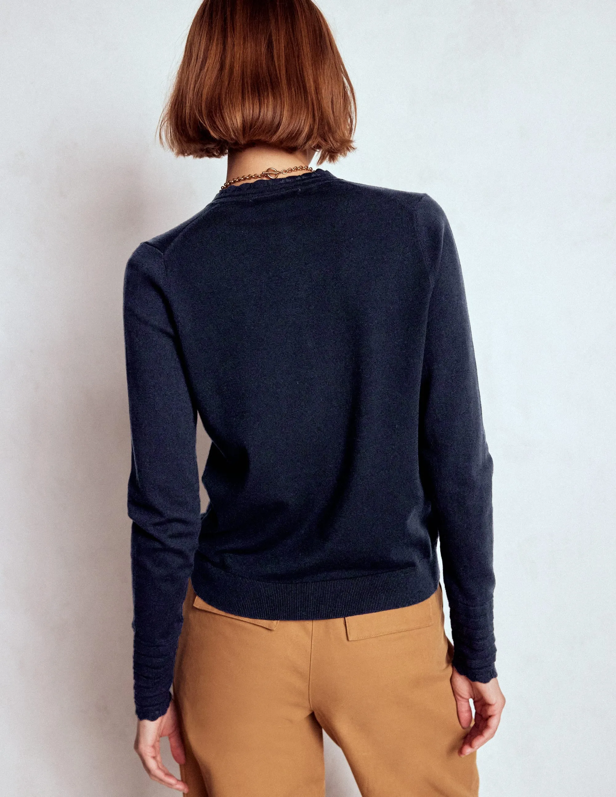 Angela Cotton Scallop Cardigan-Navy MoistureWicking Technology Fall Wardrobe