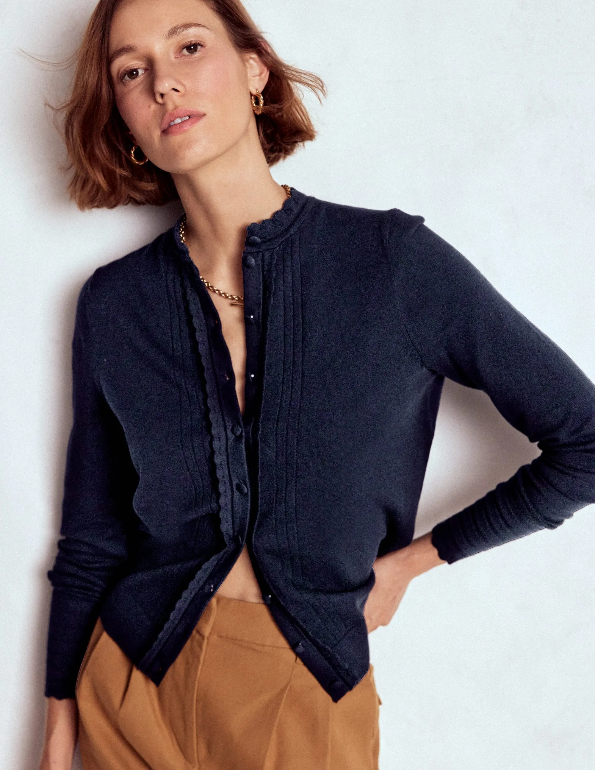 Jacquard Pattern Angela Cotton Scallop Cardigan-Navy