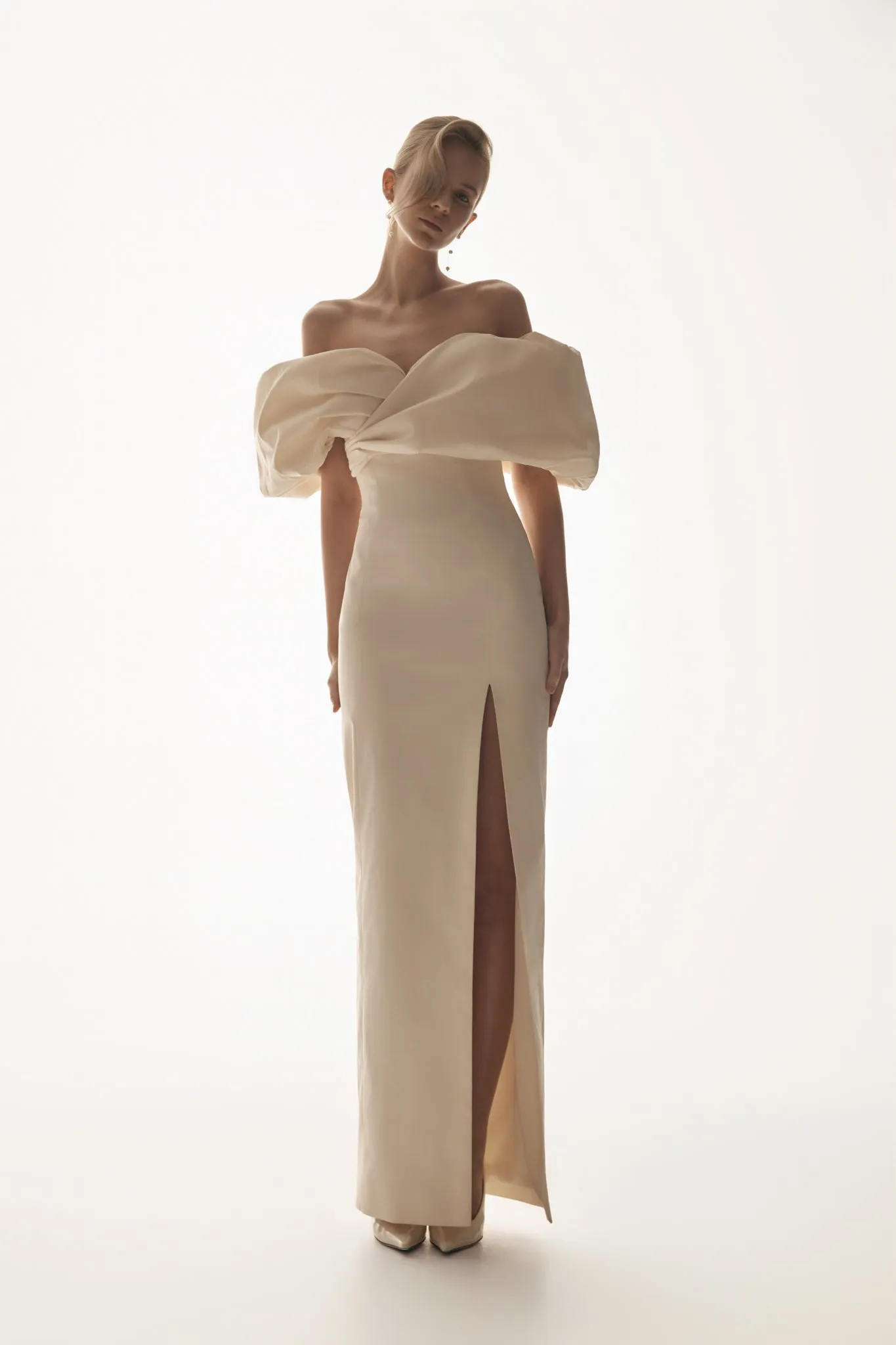 Angelica Taffeta Off Shoulder Bridal Gown - Soft Beige Modern Layering