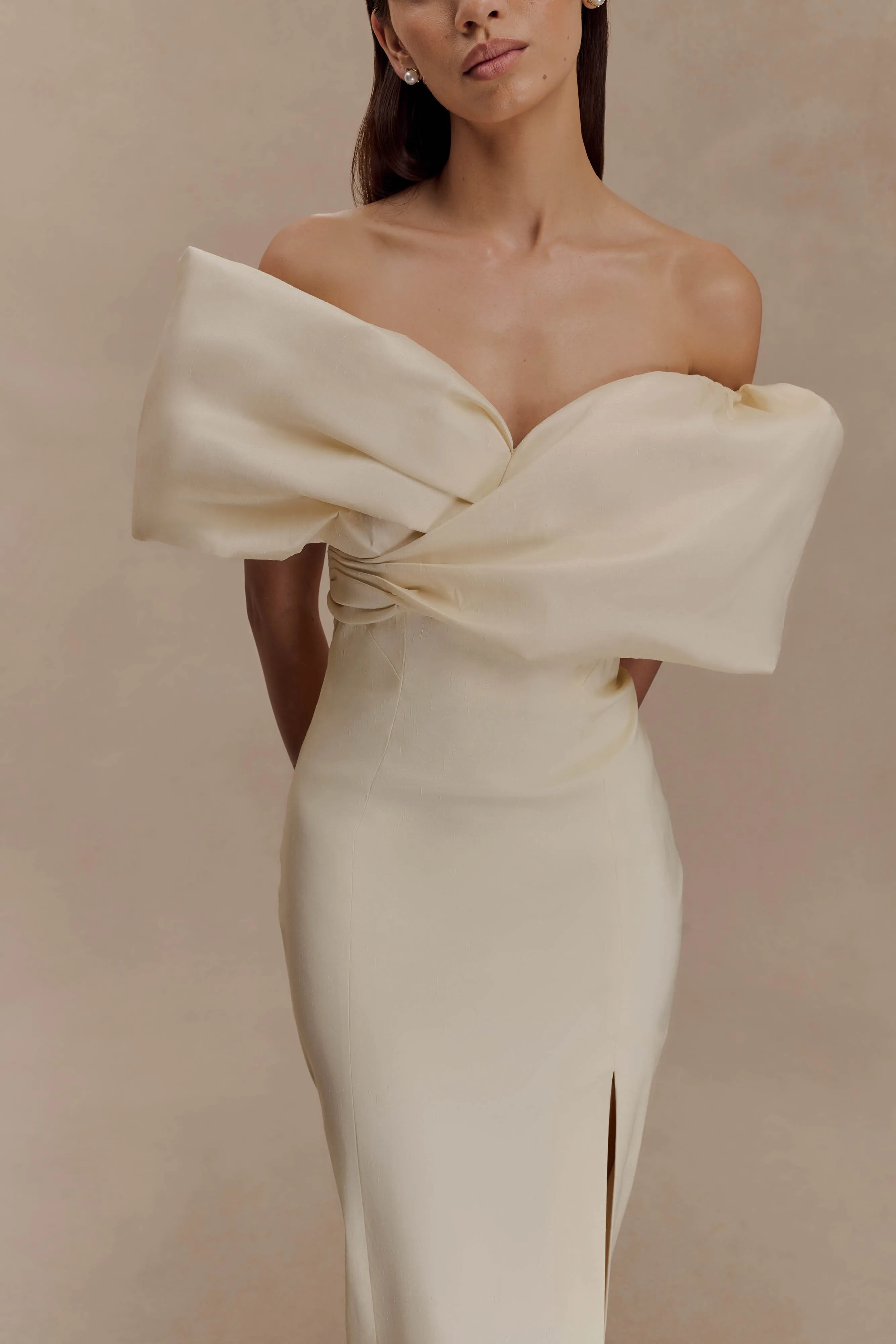Angelica Taffeta Off Shoulder Bridal Gown - Soft Beige Trendy Tailoring